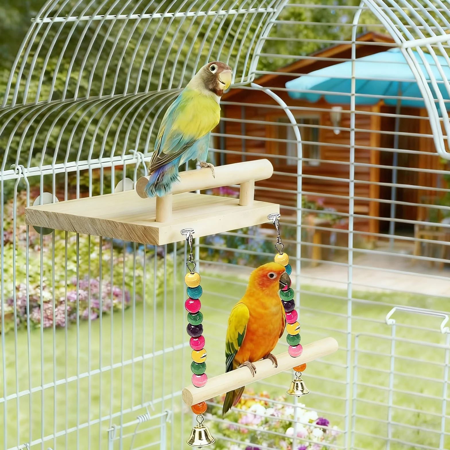 Perchoir Perroquet en Bois ZhouWei, Jouet Oiseaux avec Balançoire pour Cage, Accessoire Calopsittes Inséparables Canaris