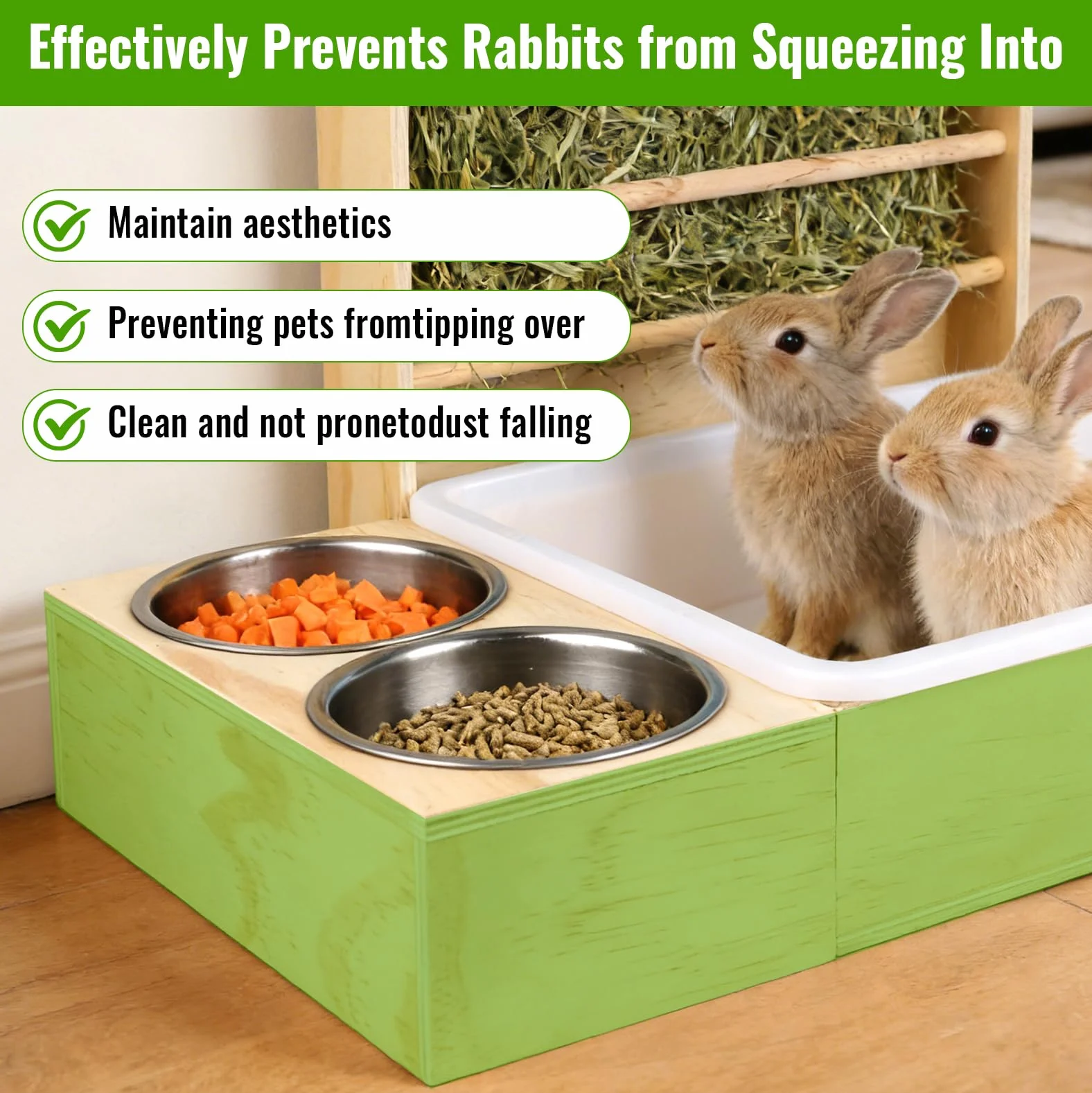 Mangeoire à foin 3 en 1 pour lapin - Station d'alimentation en bois avec bac à litière et bols - Distributeur pour cochon d'Inde, hamster, chinchilla
