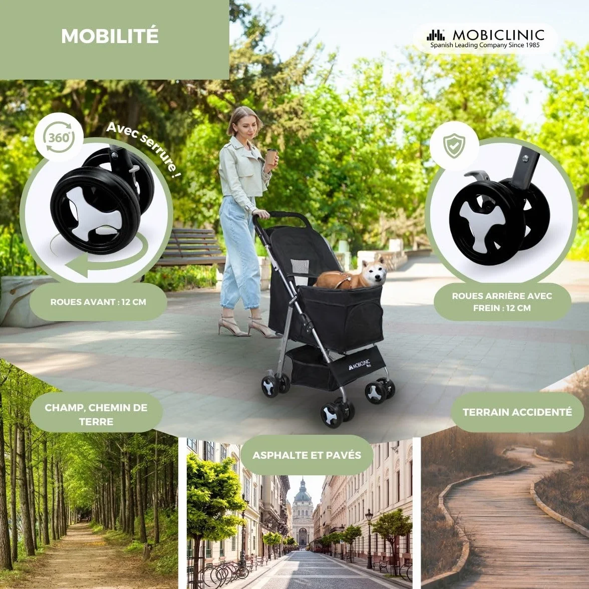 Mobiclinic Poussette Buggy Pliable Chien Zuma Jusqu'à 15 kg Roues Freins 360° Panier XXL Noir