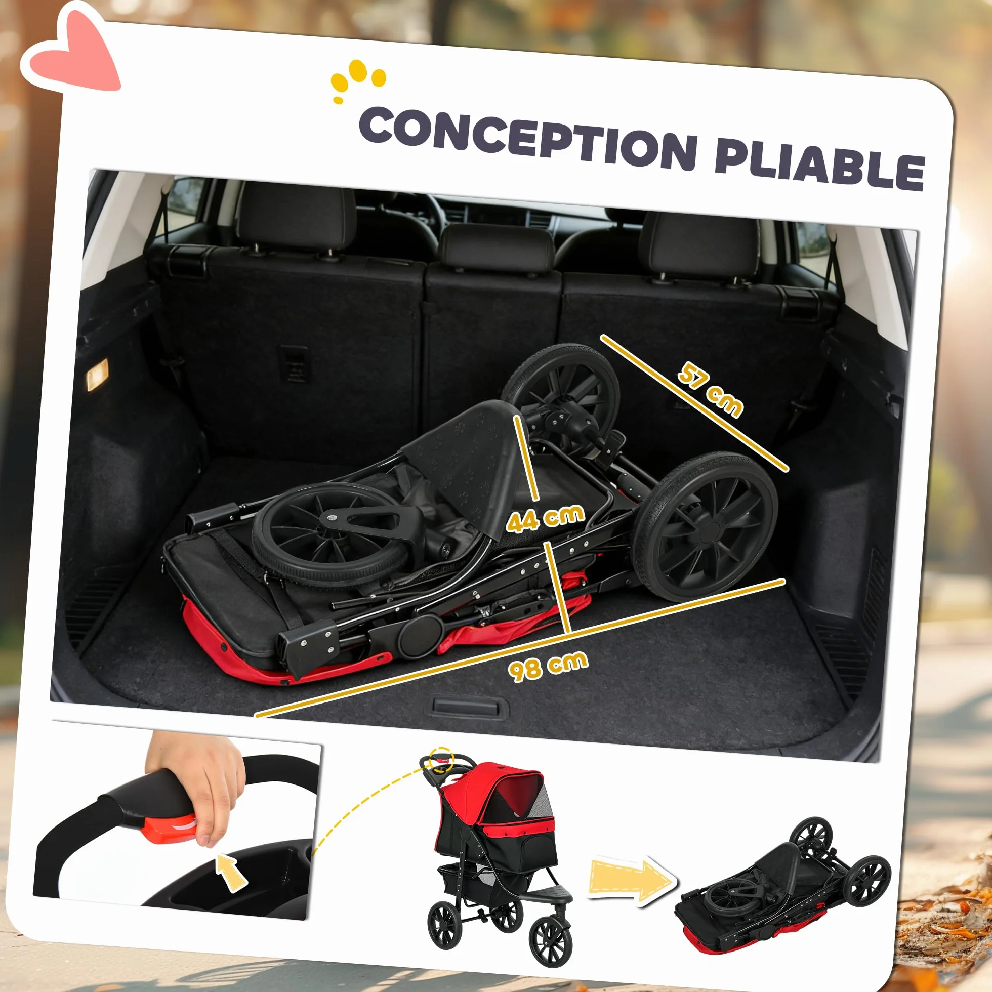 PawHut Poussette pour Chien Pliable 3 Roues Tout-Terrain 25kg Grande Roue 12" Antichoc Légère Chariot Animaux Rouge