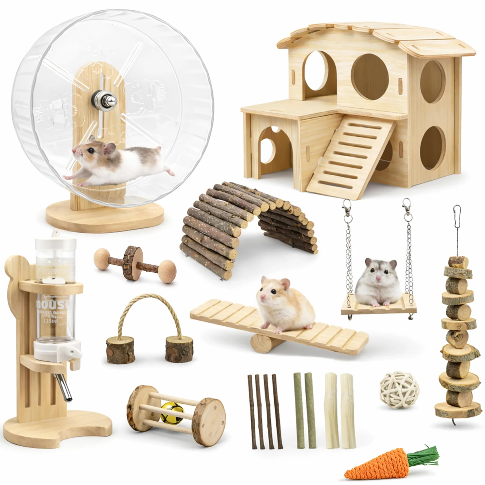 Lot de 20 accessoires pour cage à hamster, roue silencieuse de 24 cm, jouets à mâcher, maison en bois et bouteille d'eau avec support pour chinchillas, lapins, cochons d'Inde, rats, petits animaux