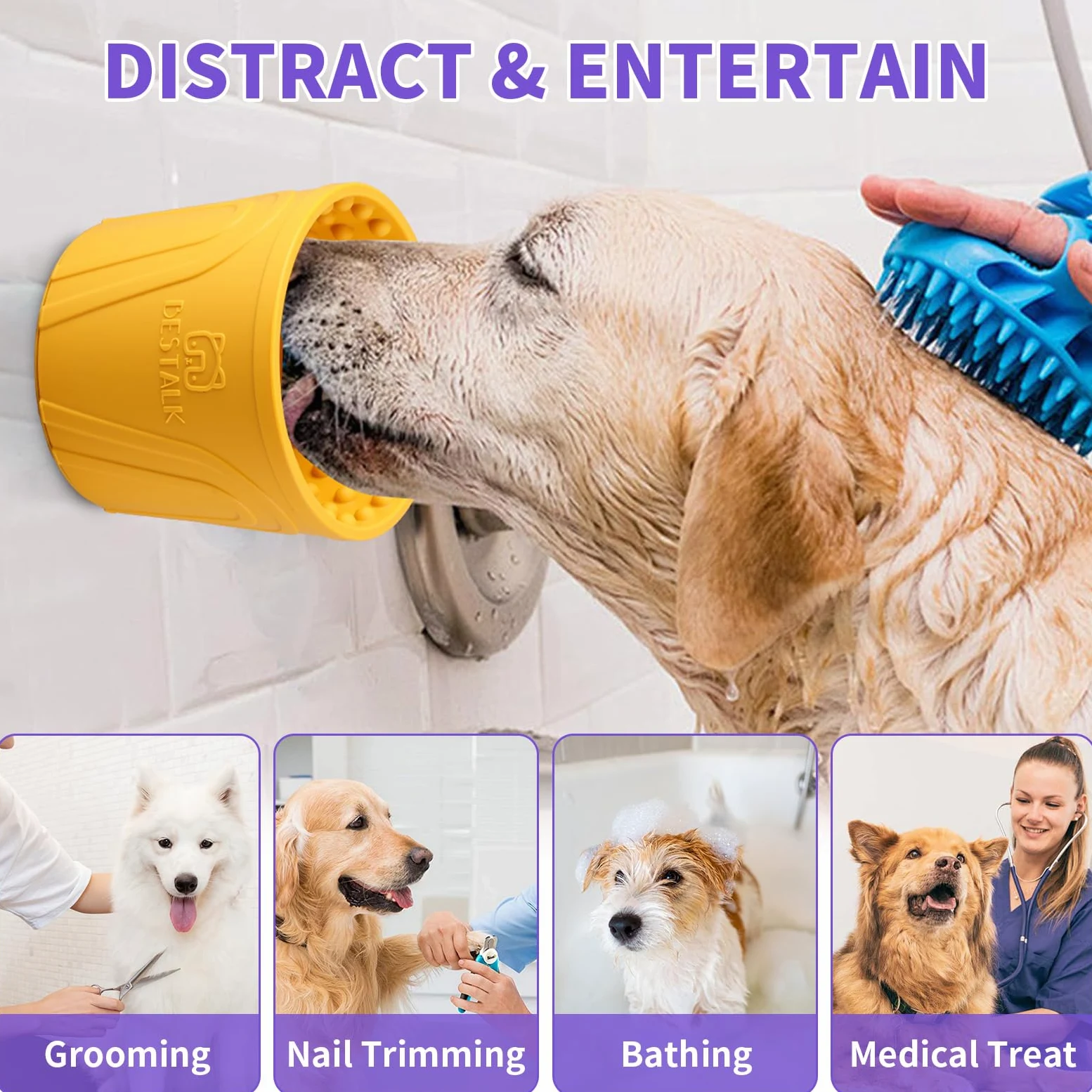 Gamelle à lécher pour chien - Soulage l'anxiété - Distributeur de friandises - Antidérapant - Pour chiens de petite, moyenne et grande race, silicone sans BPA (jaune, taille M-L)