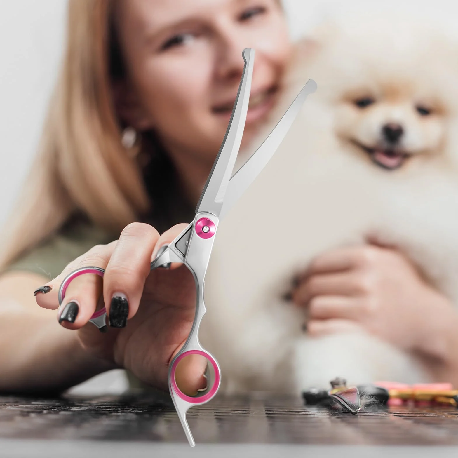 Jostift Ciseaux de toilettage pour chien et chat - Ciseaux incurvés - Ciseaux ronds professionnels - Ciseaux de toilettage pour chat et autres animaux de compagnie - Rose