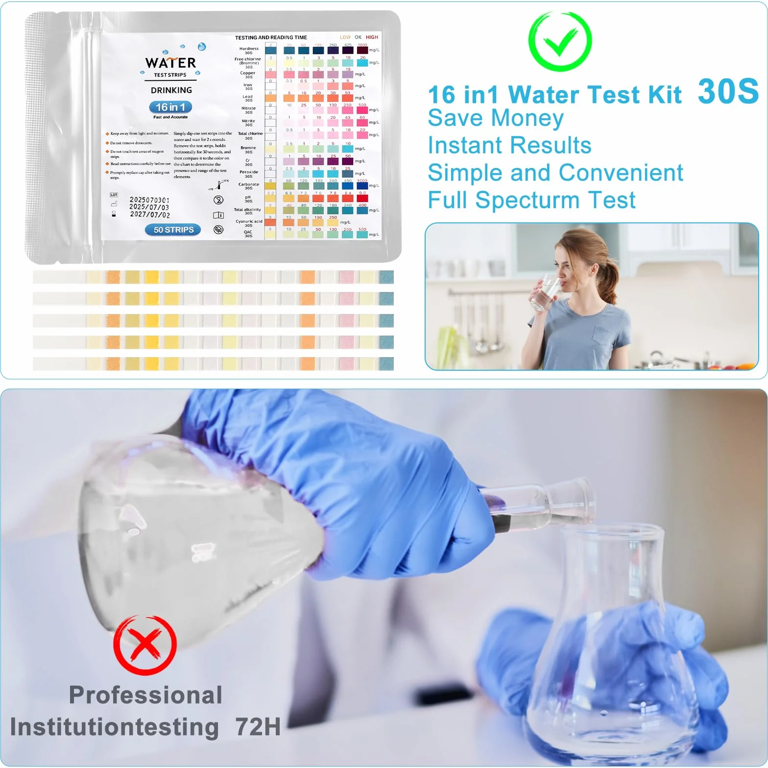 Kit Analyse Eau 16 en 1, 50 Pièces Test Eau Potable, Dureté, PH, Plomb, Fer, Cuivre