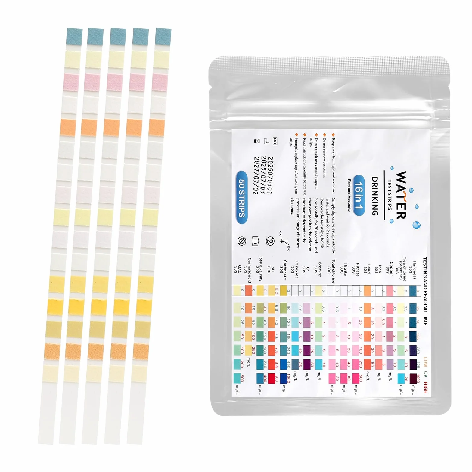 Kit Analyse Eau 16 en 1, 50 Pièces Test Eau Potable, Dureté, PH, Plomb, Fer, Cuivre