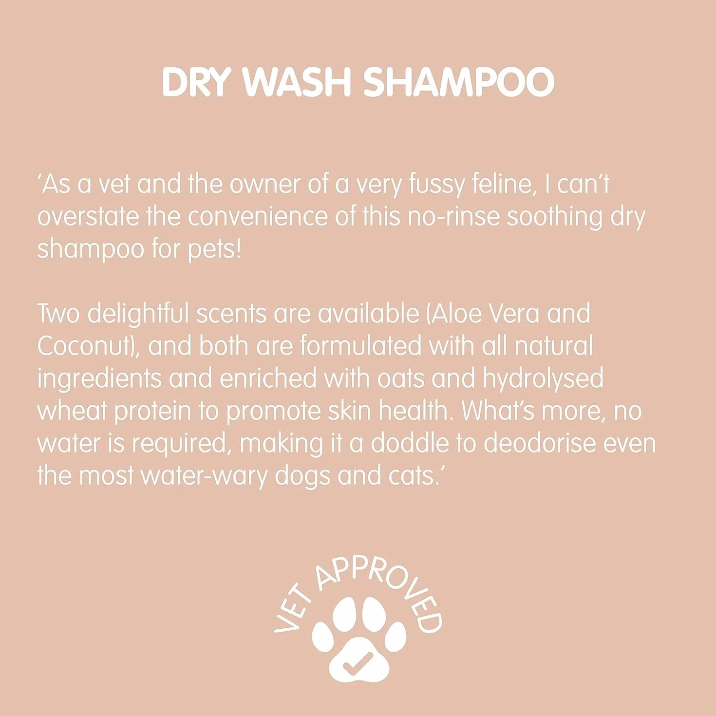 Shampooing de Lavage à Sec pour Animaux de Compagnie - Apaisant et Désodorisant, Ingrédients Naturels, Séchage Rapide et sans Rinçage (Noix de Coco & Avoine)