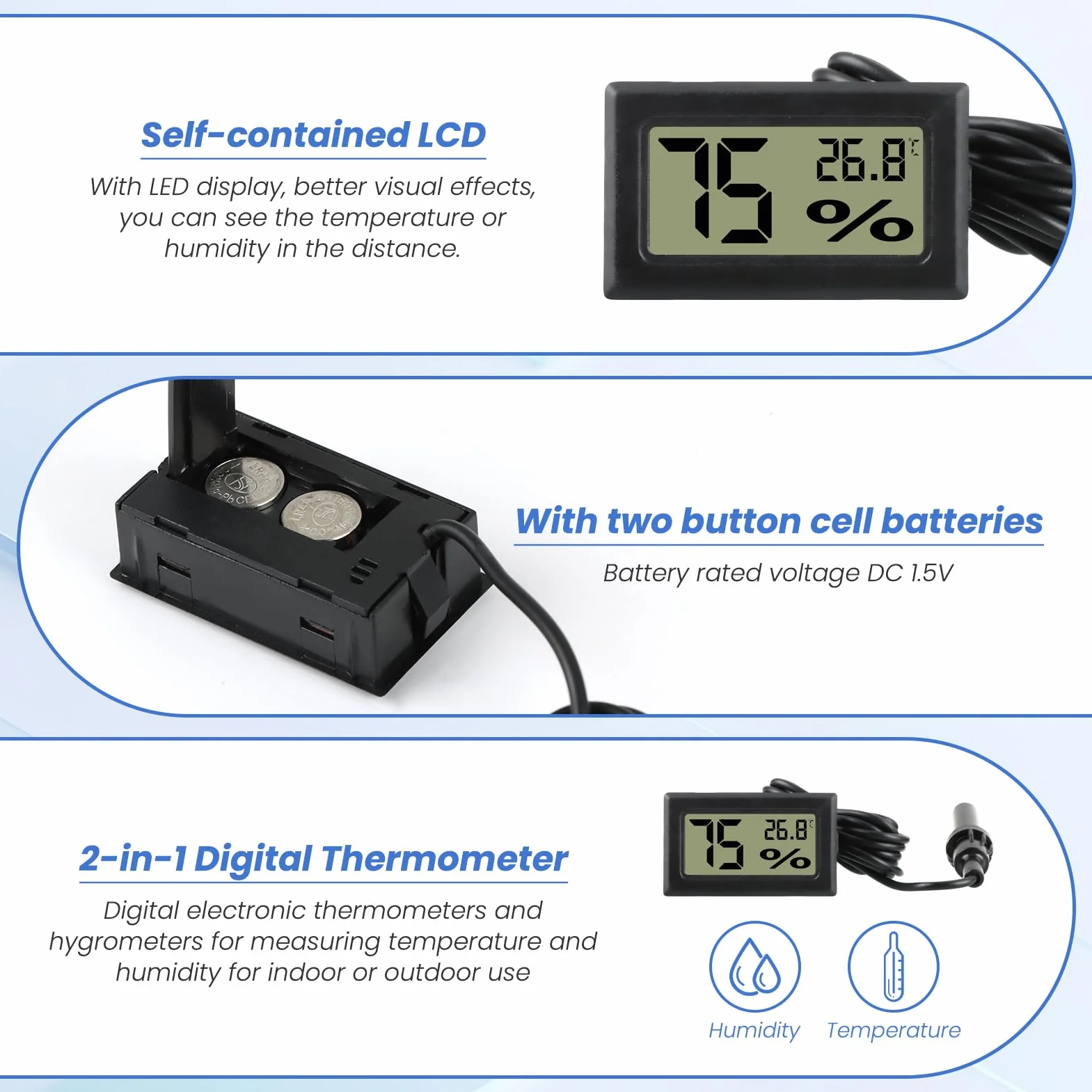 Thermomètre Hygromètre Numérique avec Sonde Externe -50 à 70°C 10 à 90% pour Aquarium Reptile Incubateur