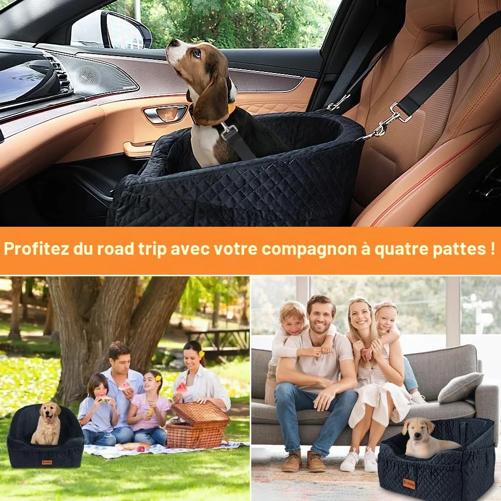 Siège Auto pour Petit Chien Rehausseur Amovible Lavable jusqu'à 11,3 kg Lit de Voyage avec Rangement Ceinture de Sécurité Noir