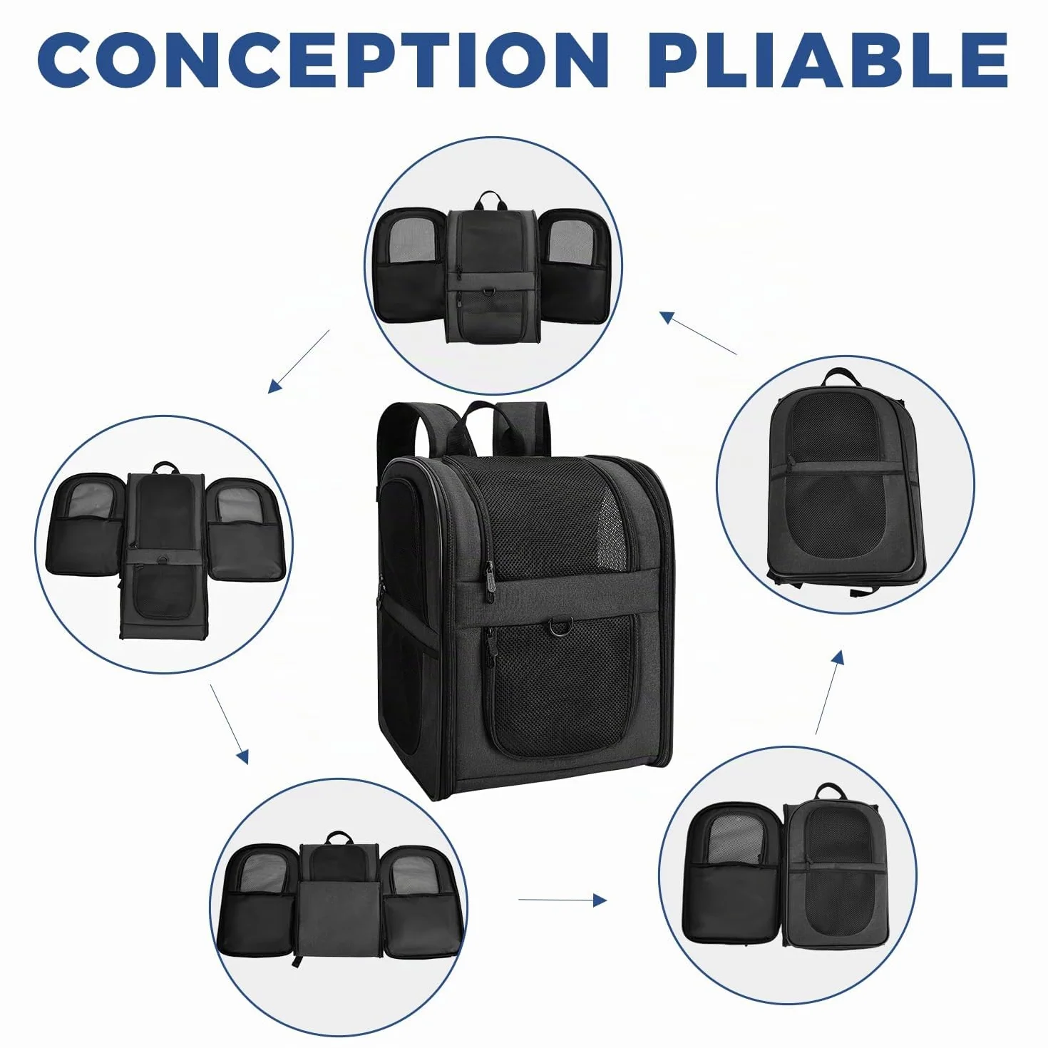Apollo Walker Sac Transport Chat Chien pour Petits 5-12 kg 32L*30B*42H Sac à Dos en Maille Respirante pour Animaux de Compagnie Noir