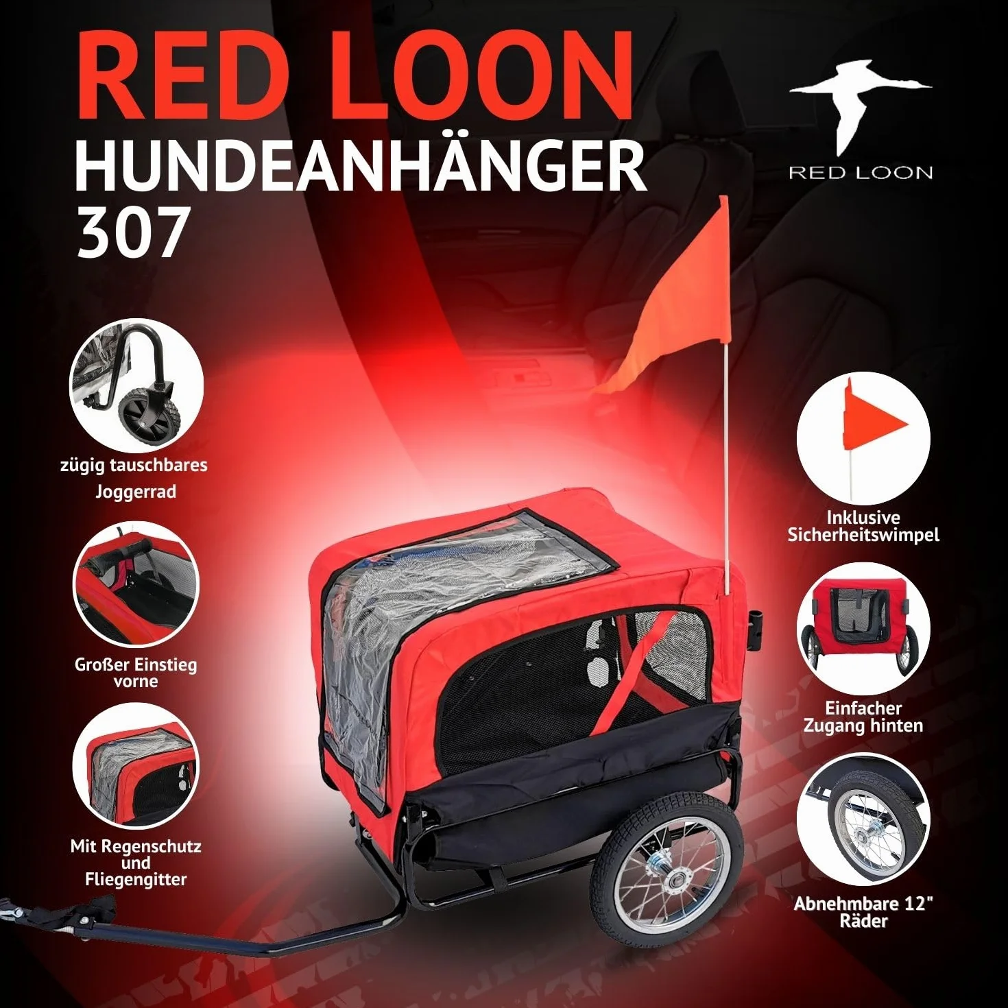 Red Loon Remorque pour chien Mini - Remorque vélo jogger rouge 20kg capacité, attelage universel protection