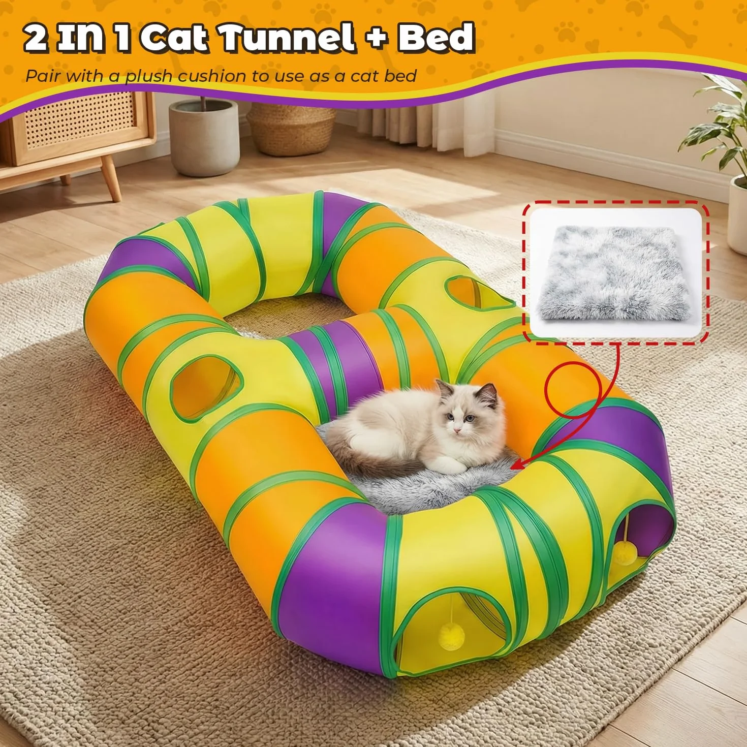 Tunnel de Jeu pour Chat Interieur en Forme de 8, Jouer Tube pour Chat avec Pompons Suspendus et Trou interactif pour Chatons, Chiots, Lapins, furets, cochons d'Inde