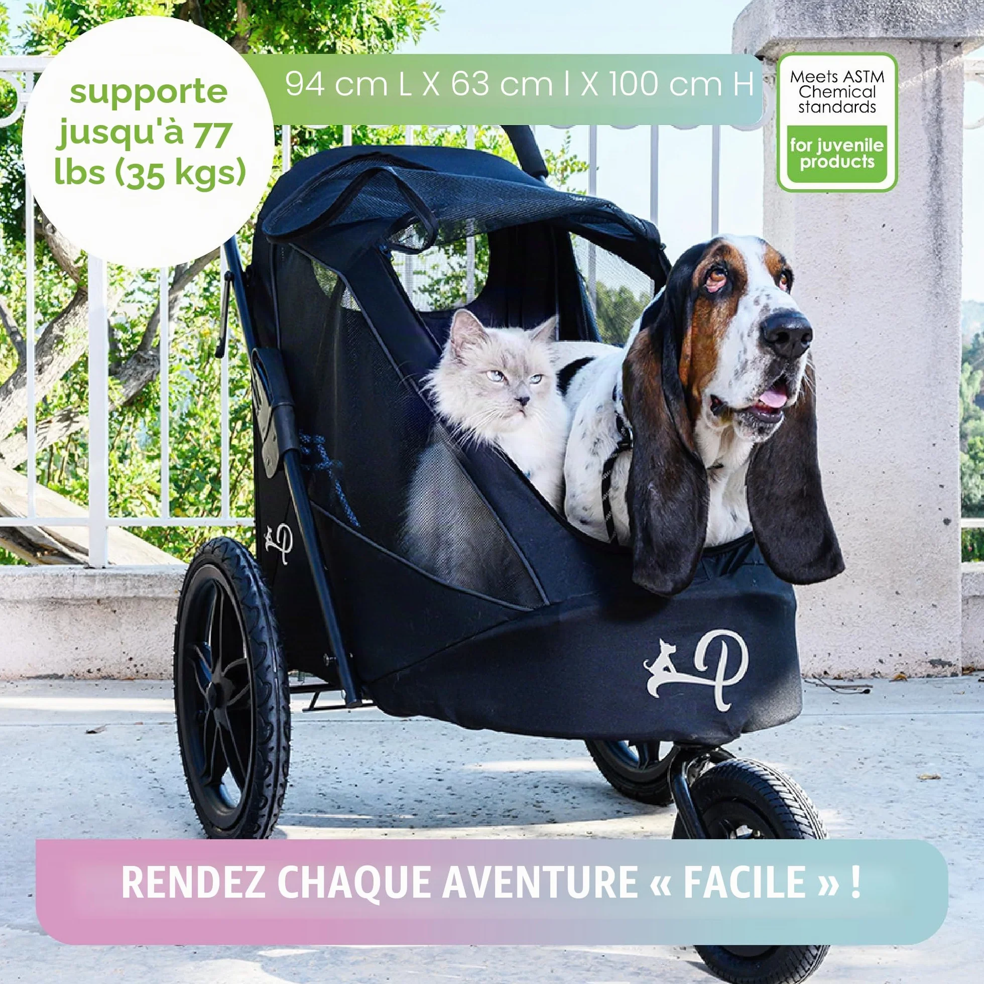 Breeze Black | Remorque de vélo de Luxe pour Chien | Jogger de Grande Taille | Pliage à Une Main | Pneus pneumatiques | Housse de Pluie Incluse | Pompe à Pneu | Adaptateur de vélo