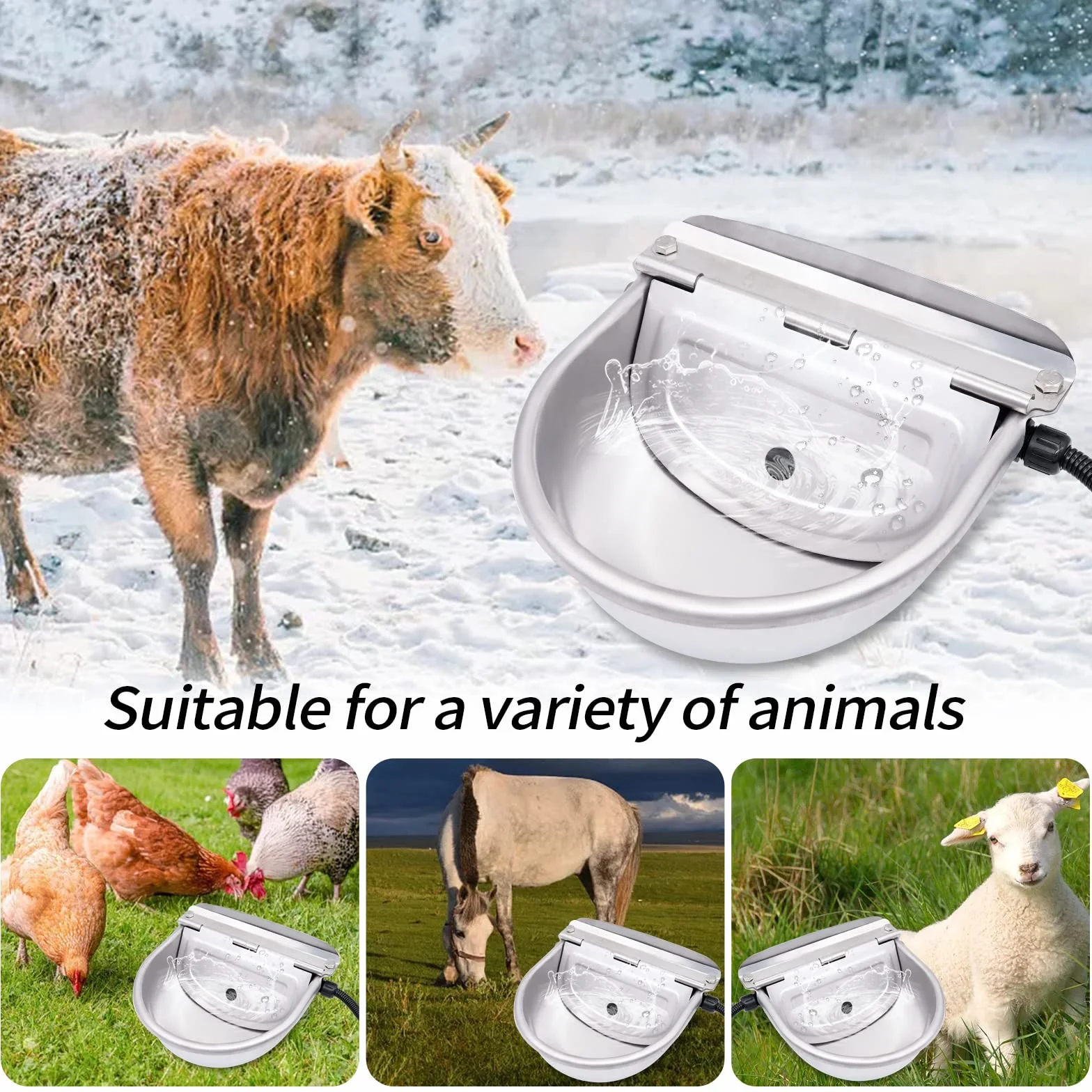 Abreuvoir Chauffant Automatique en Acier Inoxydable 220V pour Chevaux et Bovins