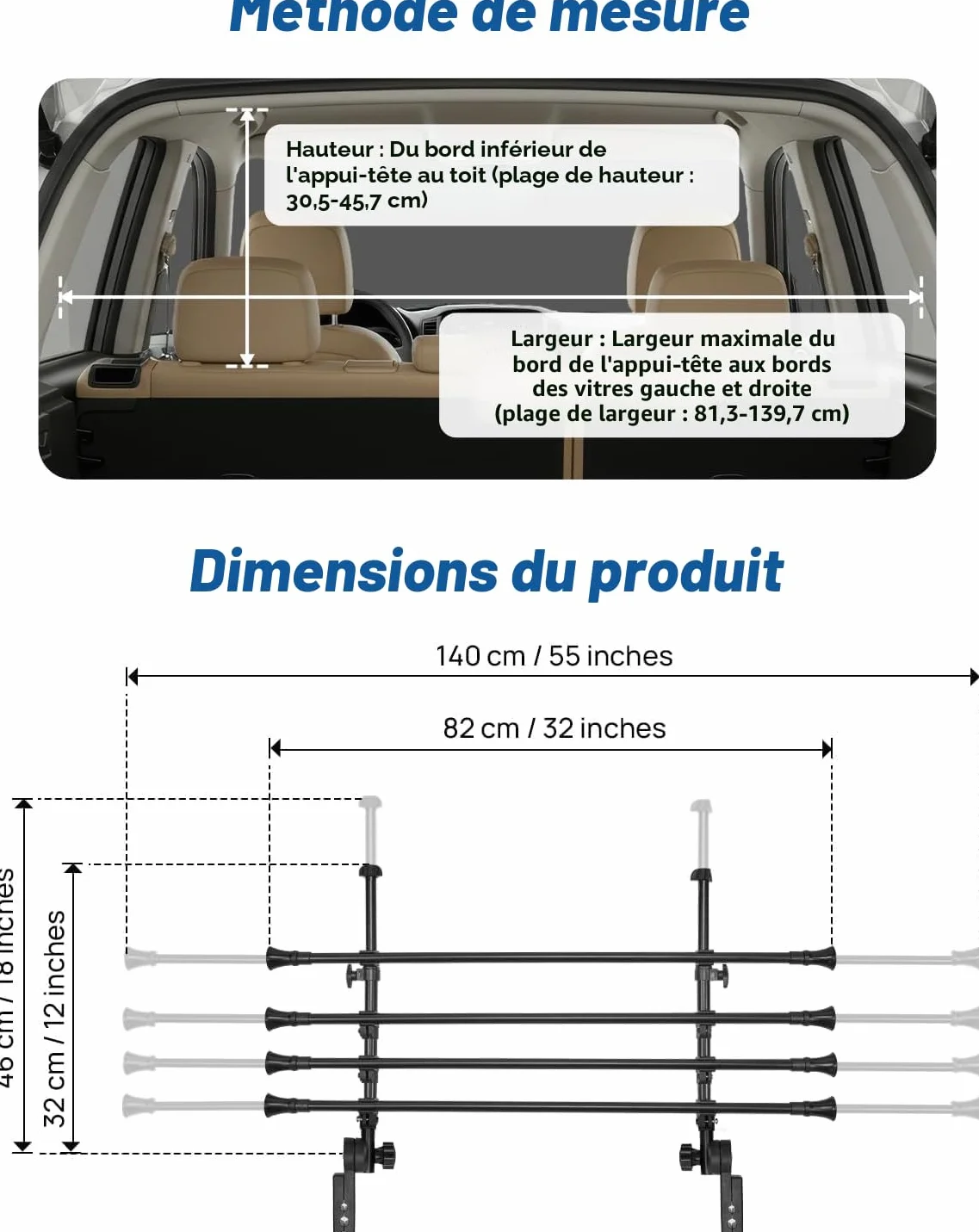 JOYTUTUS Barrière de Sécurité Voiture Chien Réglable 32-46cm 82-140cm Métal Renforcé SUV