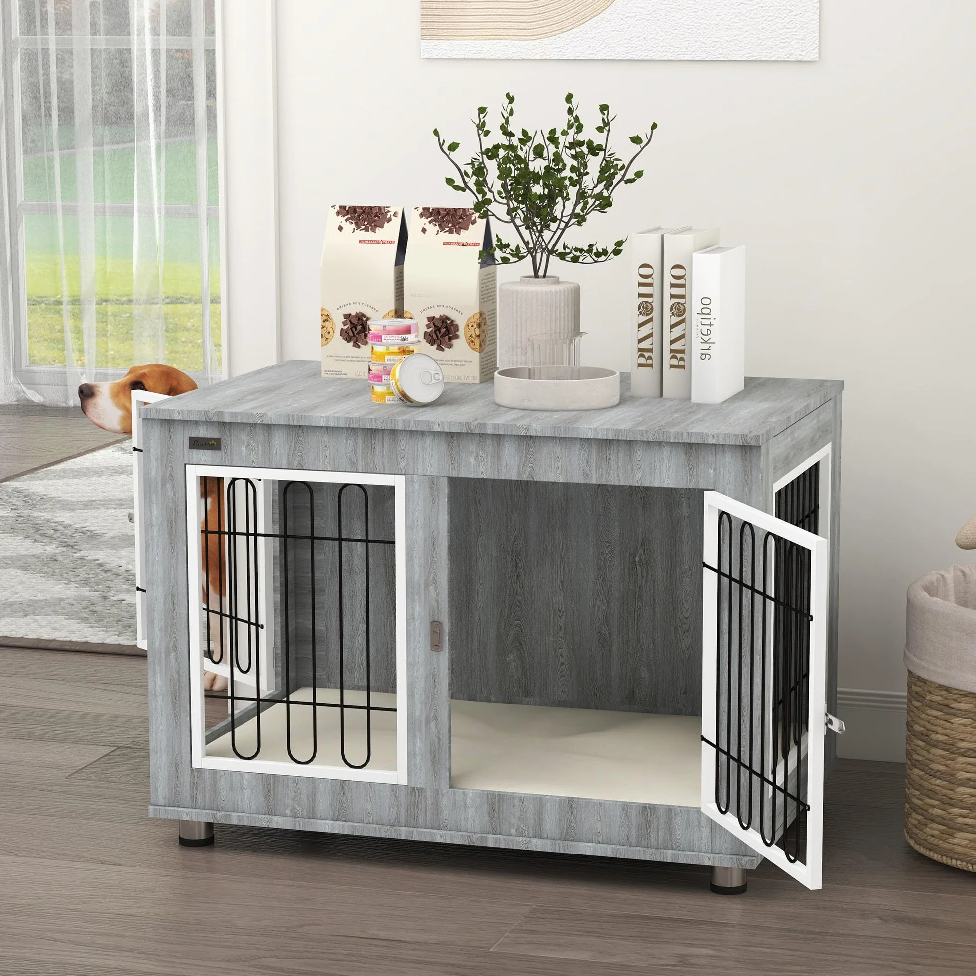 PawHut Cage pour Chien Meuble Table d'appoint Double Porte Coussin Niche Chien Moyenne Grande Taille 90 x 58 x 65 cm Gris