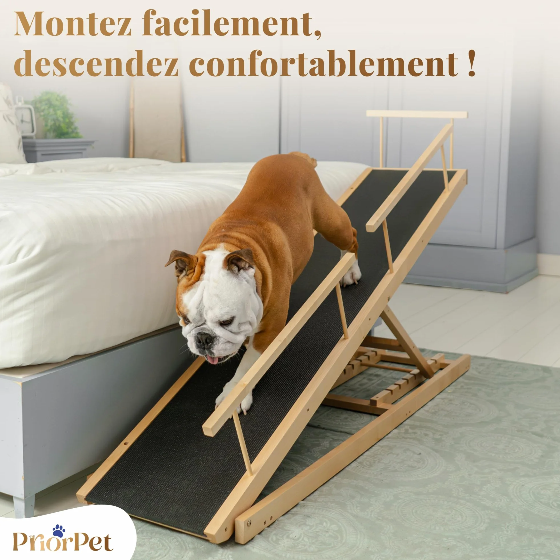 PRIORPET Rampe pour Chien avec Barrières de Sécurité Escalier Pliable Lit Haut 94.5 cm Bois de Bouleau Antidérapante 23kg Naturel
