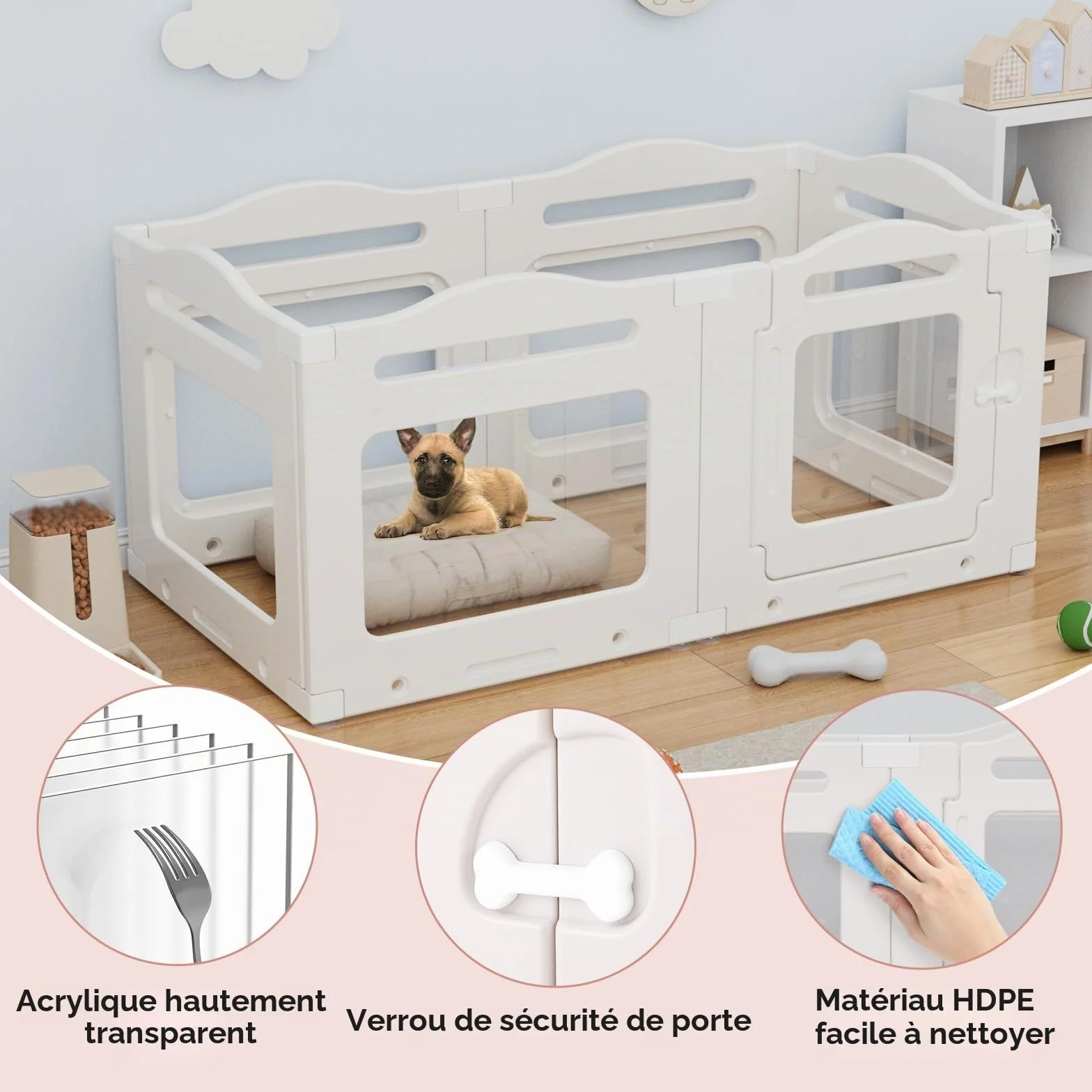 Clevich Enclos pour Chien en Acrylique 129 × 68 × 60 cm, 5+1 Panneaux avec Porte à Verrou, Pliable, Blanc