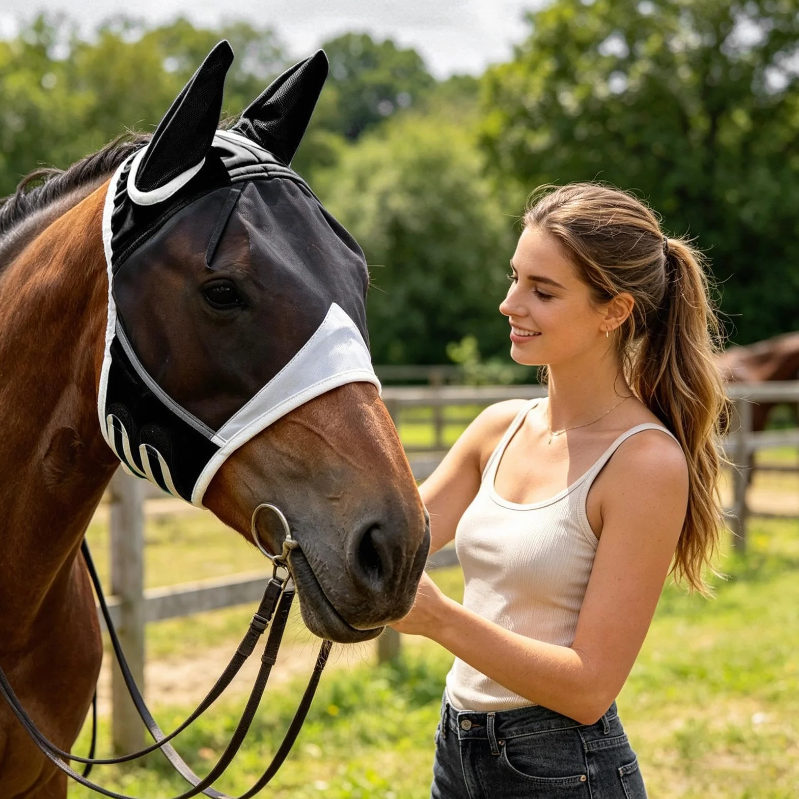 Masque Anti-Mouches pour Cheval - Filet Respirant Demi-Visage avec Oreilles,Sangle Élastique Demi-Masque en Mesh pour Cheval | pour Chevaux, bovins, élevage - Utilisation Toute