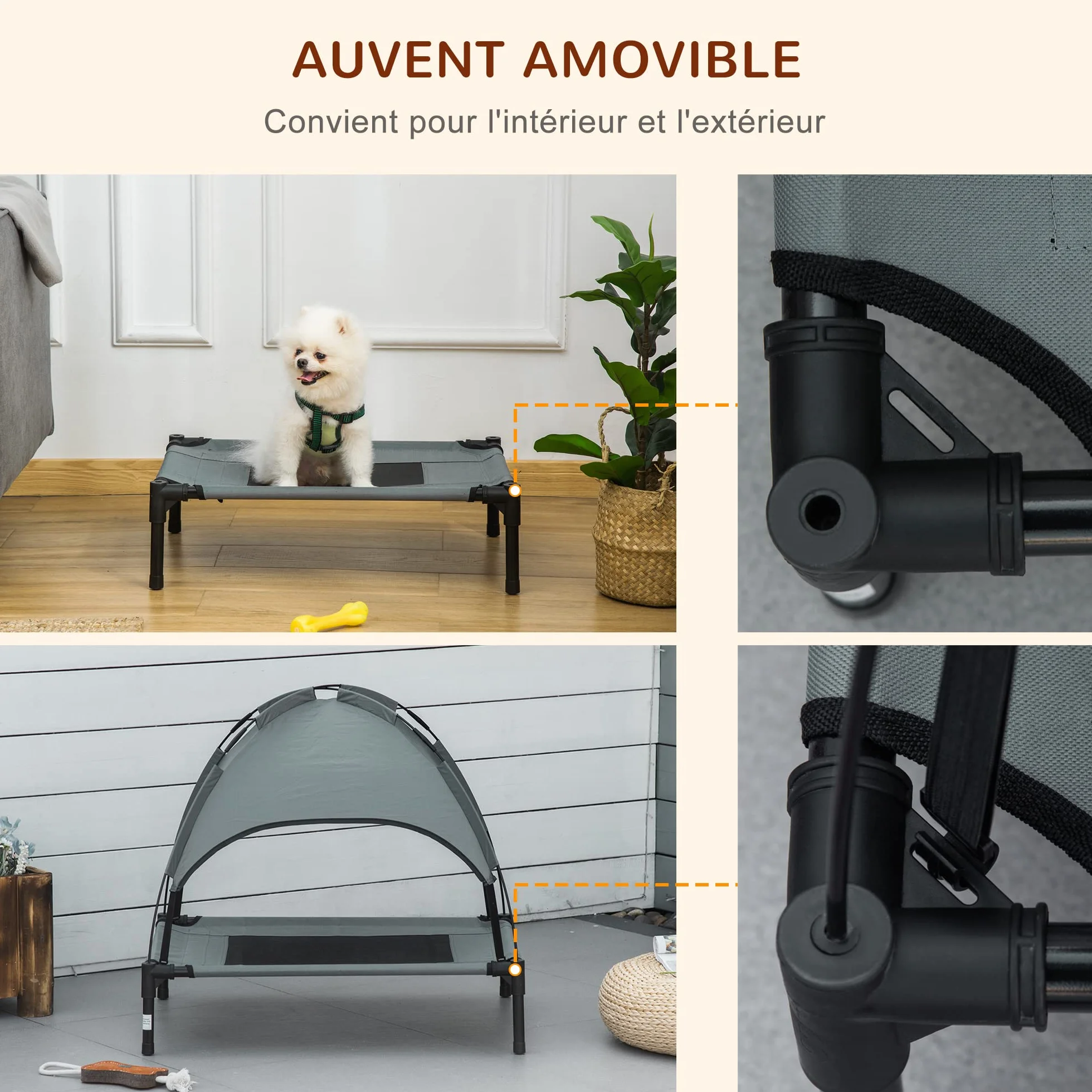 PawHut Lit Chien Surélevé avec Parasol 161x46x61 cm Gris Noir Anti-UV Oxford Respirant