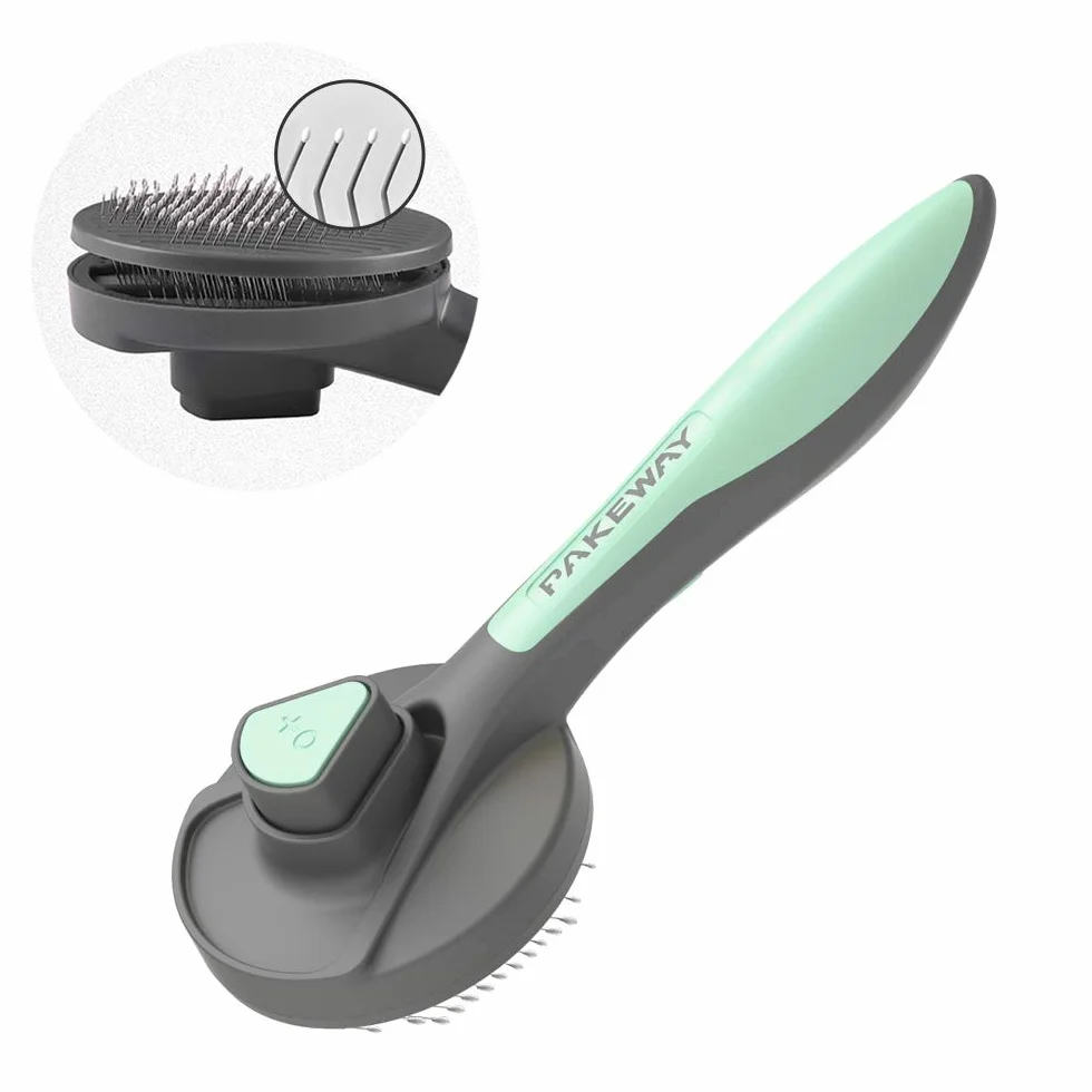 Brosse autonettoyante pour chat et chien PAKEWAY, bouton de déverrouillage, adaptée chatons animaux poils courts moyens longs vert