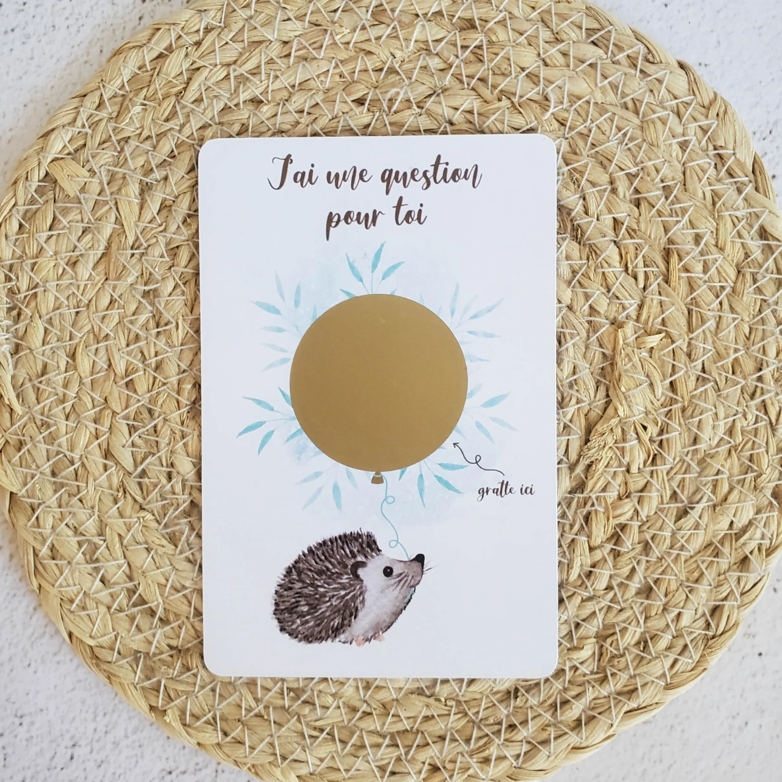Carte à gratter Parrain thème hérisson avec enveloppes