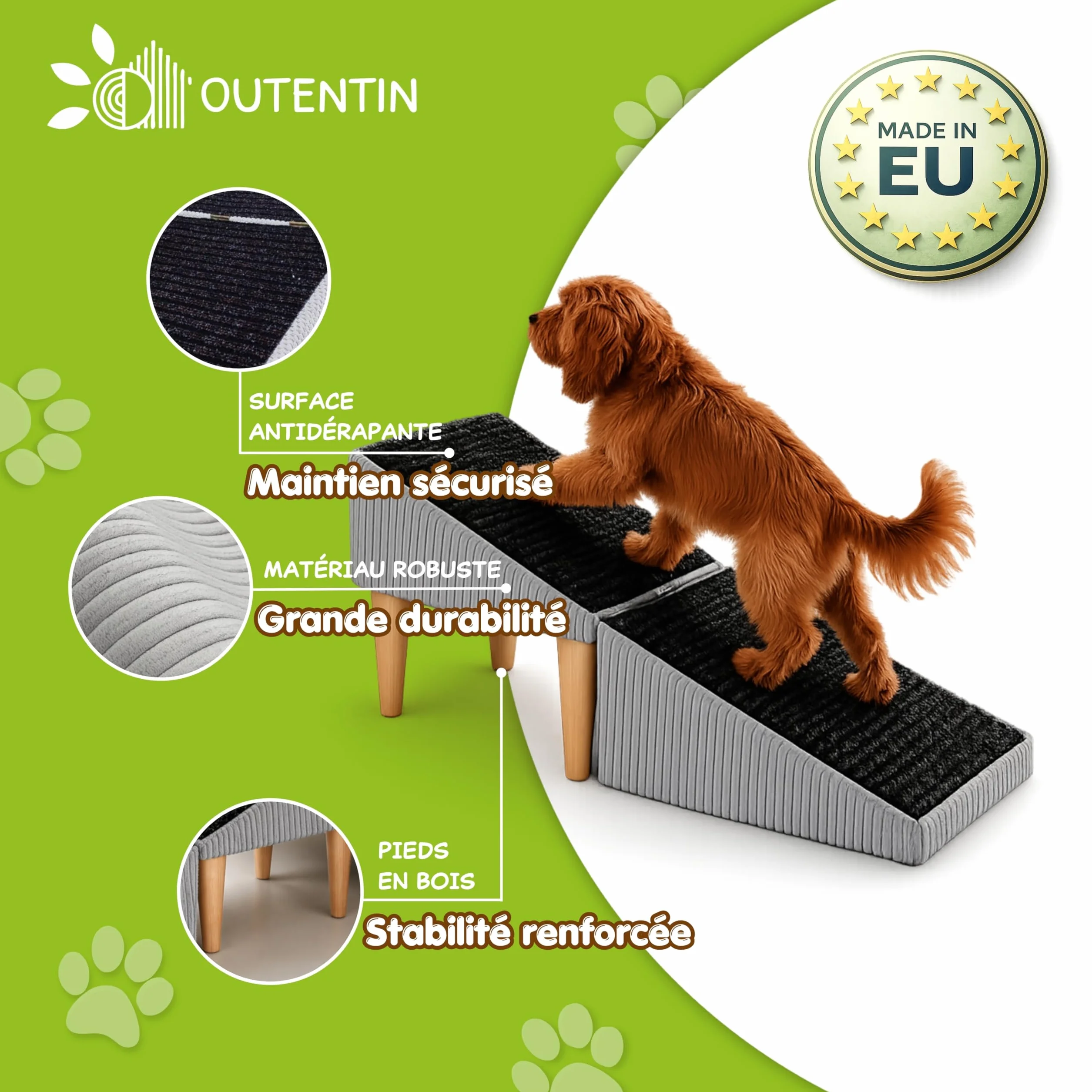 2 en 1 Siège Escalier Chien Antidérapant Pliable Effet Cuir Beige 36 cm