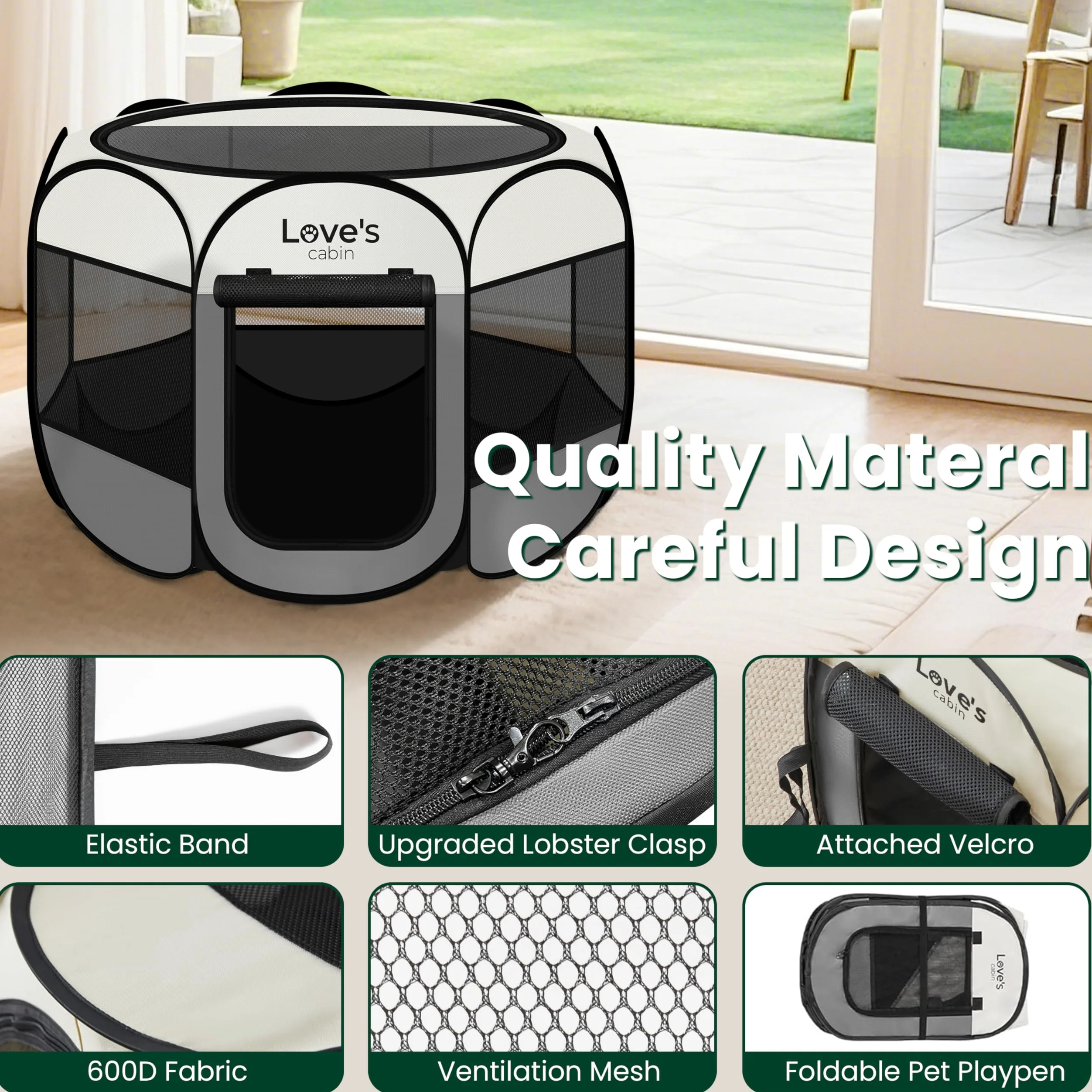 Love's cabin Parc de jeu pour chien et chat - Grande tente pour intérieur et extérieur - Parc portable pour chien et chat - Niche pliable avec étui de transport, fermeture éclair amovible sur le