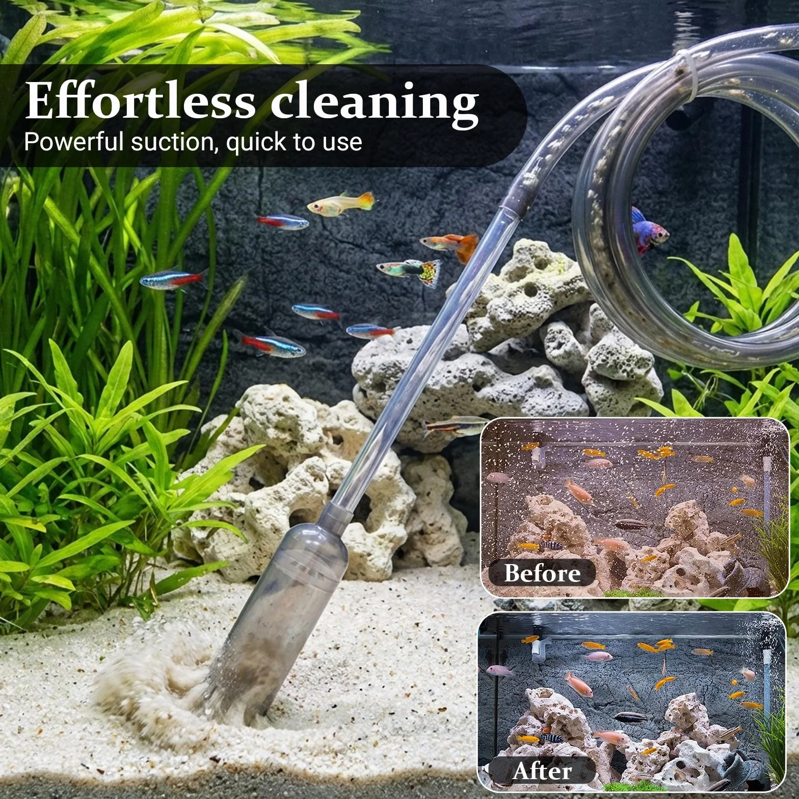 Siphon Aquarium 3 m Tuyau Nettoyeur de Gravier avec Tube Rigide 70 cm, Robinet Marche/Arrêt, Filtre, Buse Bec de Canard
