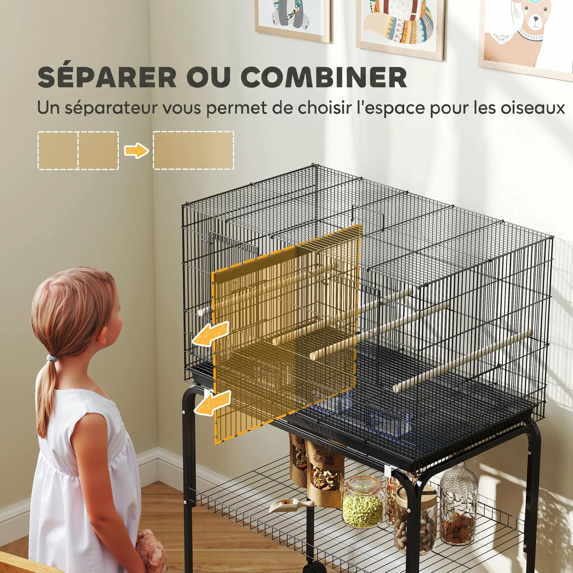 PawHut Cage à Oiseaux Volière Acier Séparateur Perruches 76x46x116cm Noir | Intérieur, 4 Perchoirs, Plateau Coulissant, 4 Mangeoires, Support avec Étagère et roulettes, Canaris, Pinsons