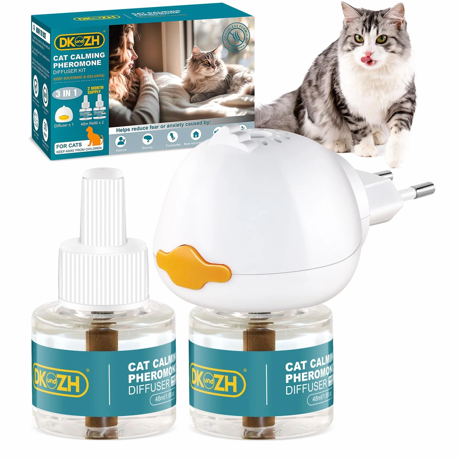 Diffuseur Phéromone pour Chat 3 en 1 Anti Stress, 60 Jours, 1 Diffuseur + 2x48ml Recharges
