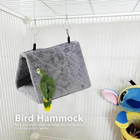 Hamac Perroquet Nid d'Oiseau Chaud Doux en Peluche Suspendu Cage Tente pour Oiseaux Hiver Lit Coton Gris