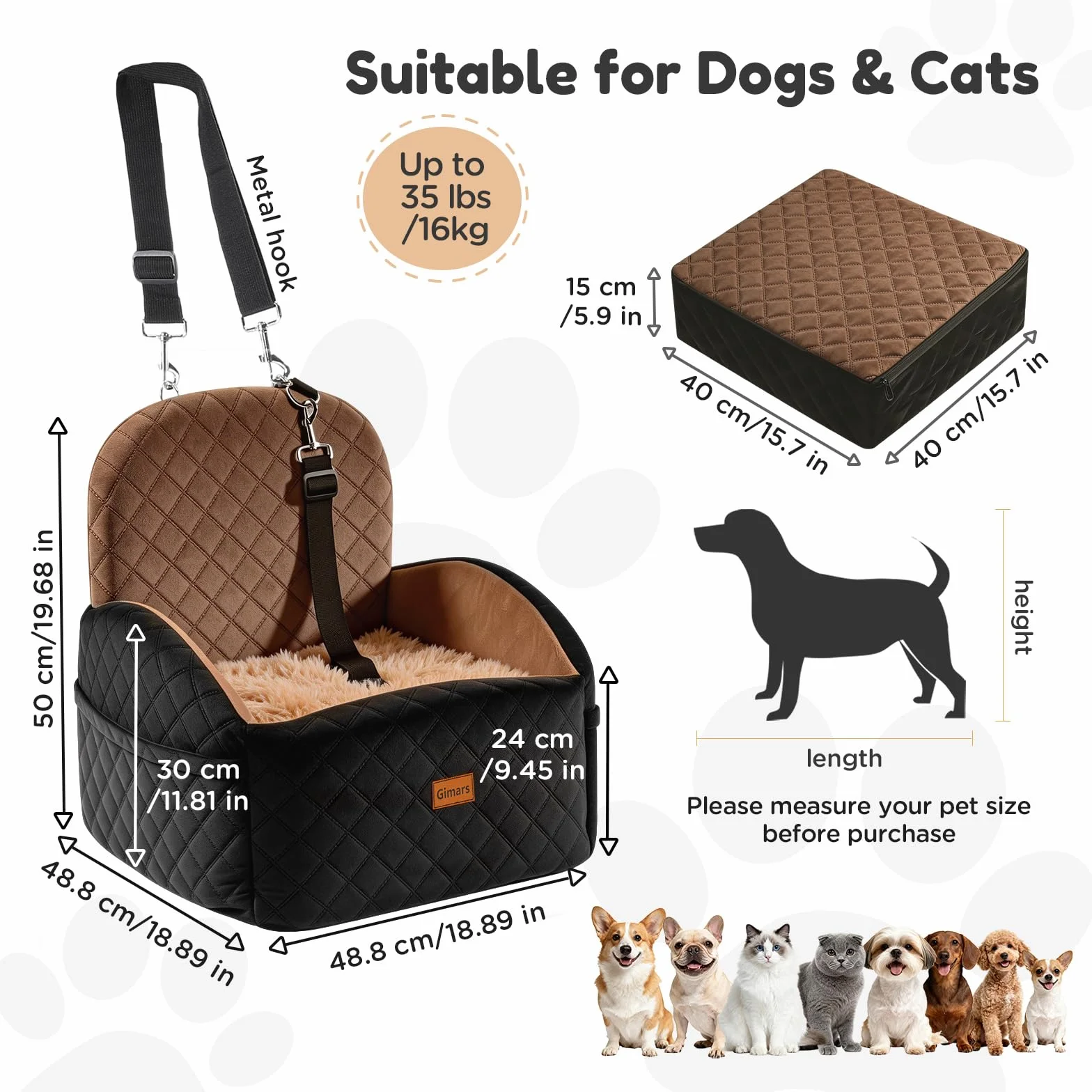 Gimars Siège Auto Chien Réversible Peluche pour Petits/Moyens Chiens Jusqu'à 16kg, Amovible Lavable, Antidérapant, Panier Voiture avec Mousse 28D 15cm