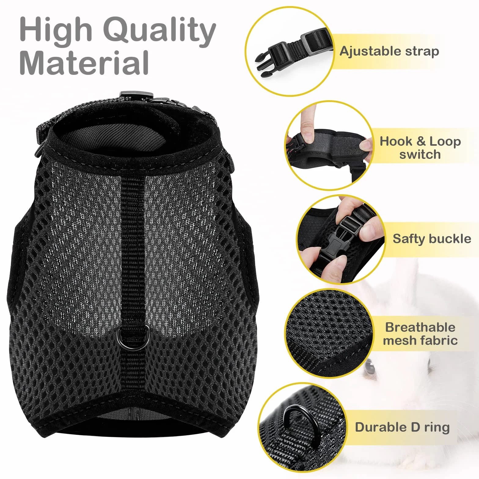 HAPPY HACHI Harnais pour Lapins Cochons d'Inde Petits Animaux avec Laisse Élastique Gilet Souple pour Promenade (L, Noir)