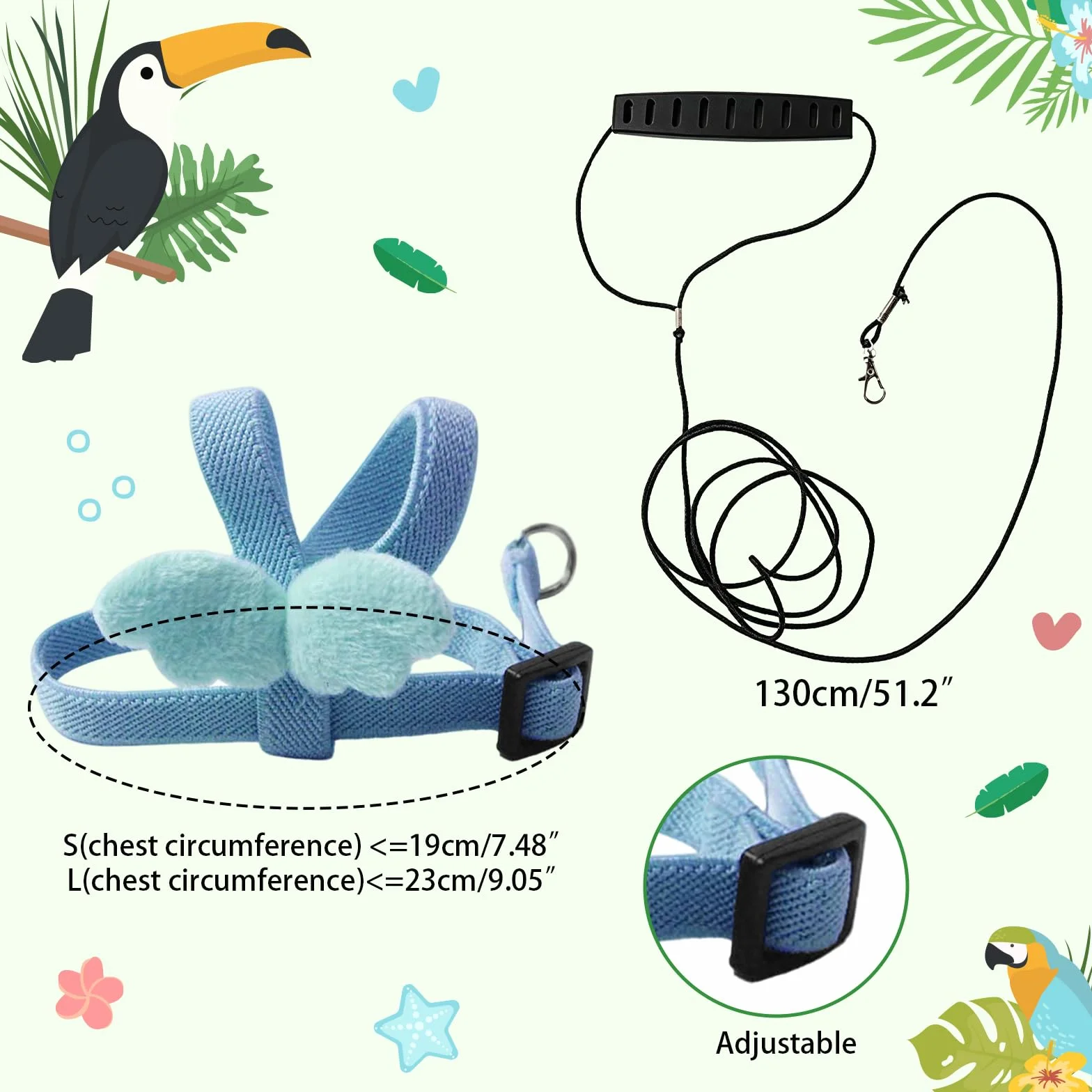 Harnais et Laisse Réglables pour Perroquets – Légère Laisse de vol élastique Anti-Morsure pour Promenade et Dressage (Bleu, S)