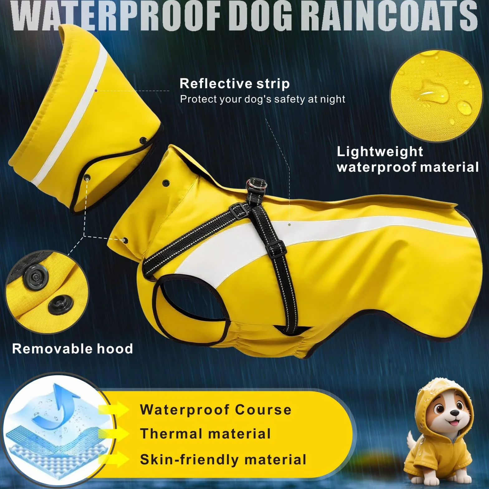 Imperméable Chien Réfléchissant Veste de Pluie à Capuche Poncho pour Petits Moyens Grands Chiens S-XXL (Jaune, XL)