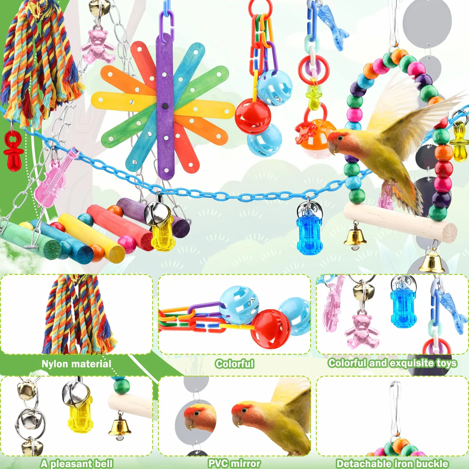 QUOZUO Jouets pour Oiseaux 9 Pièces Jouet Perroquet à Mâcher Suspendre Accessoire Cage Balançoire Échelle Cloches