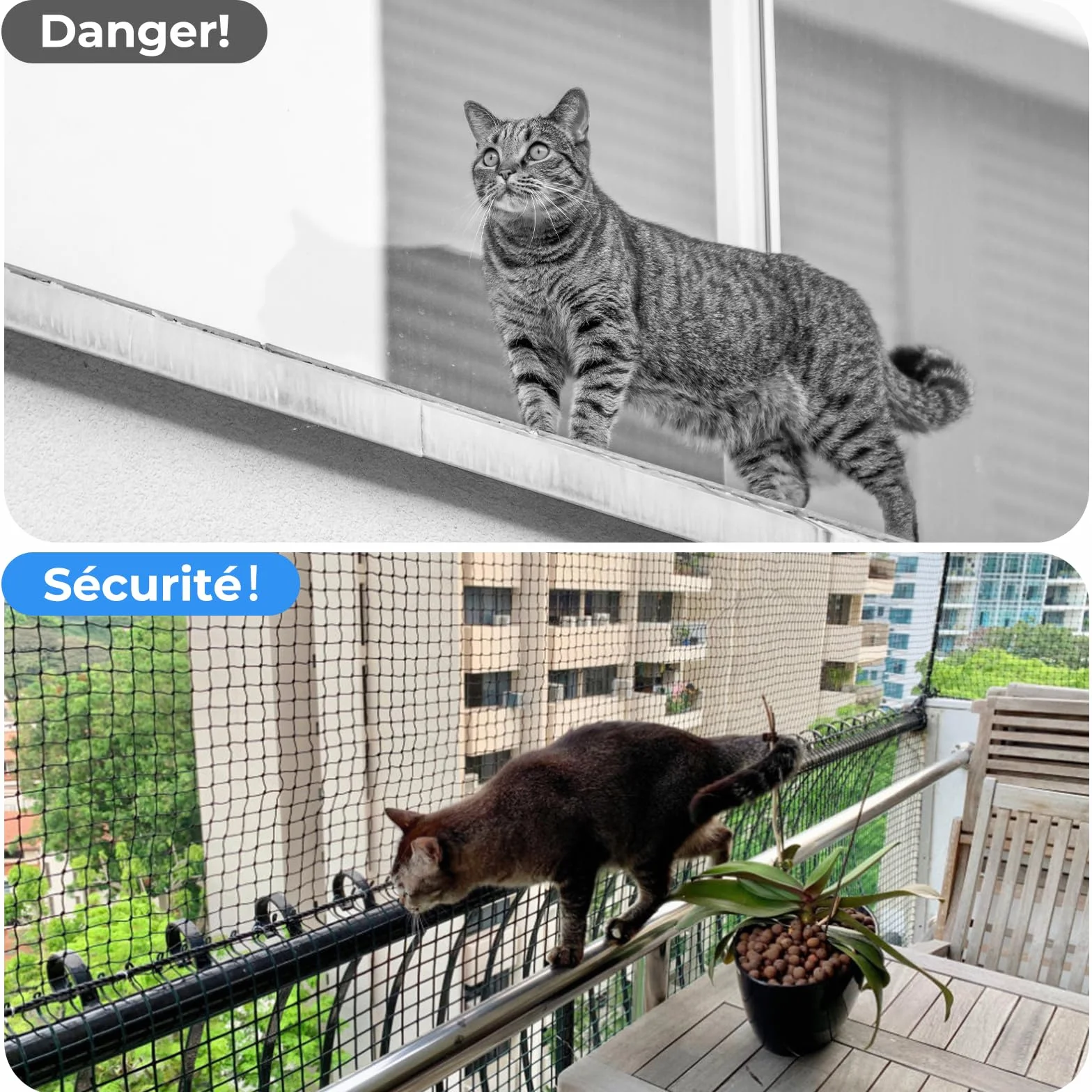 Filet de Balcon renforcé en Fil d'acier, Protection Chat, Résistant UV, 2x3m