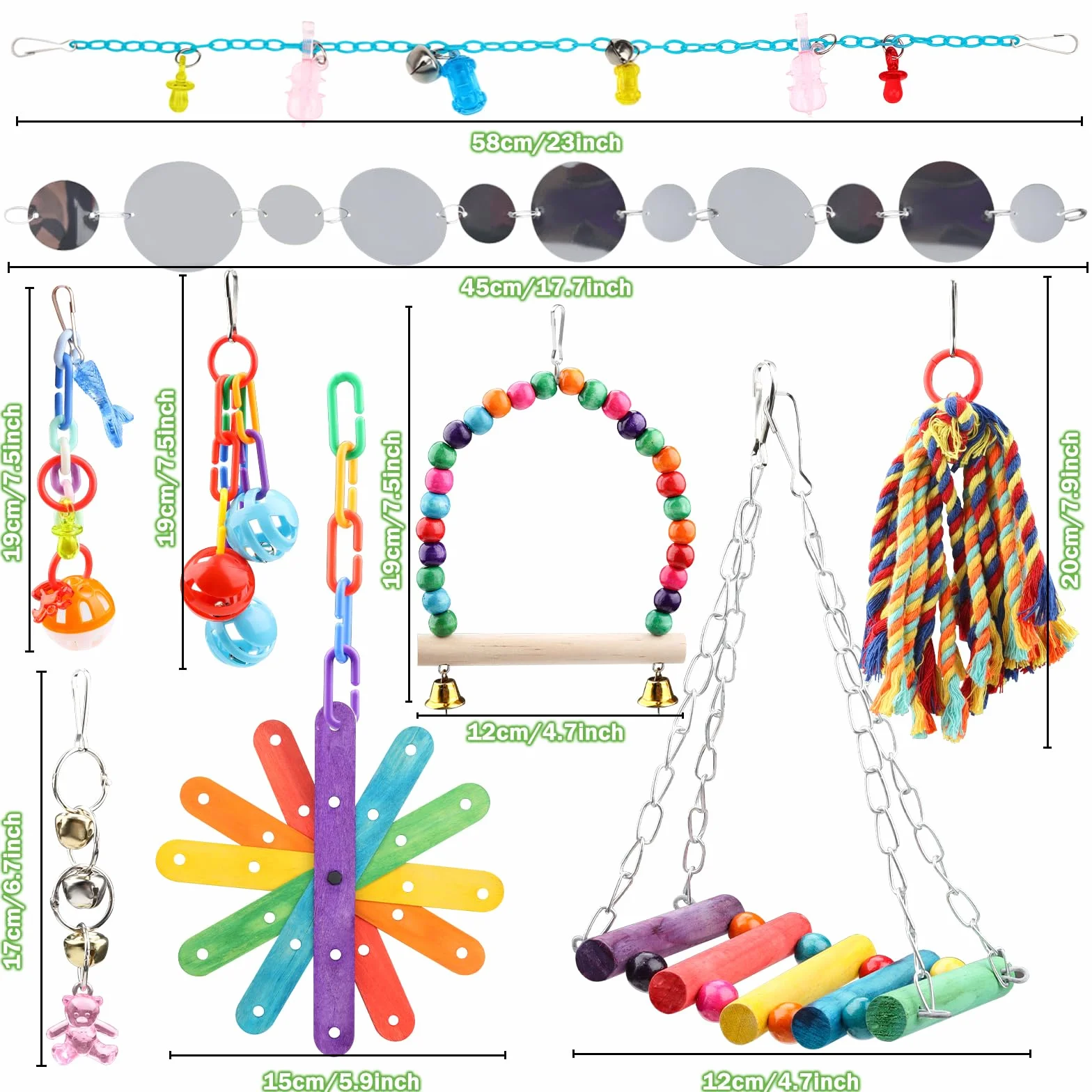 QUOZUO Jouets pour Oiseaux 9 Pièces Jouet Perroquet à Mâcher Suspendre Accessoire Cage Balançoire Échelle Cloches