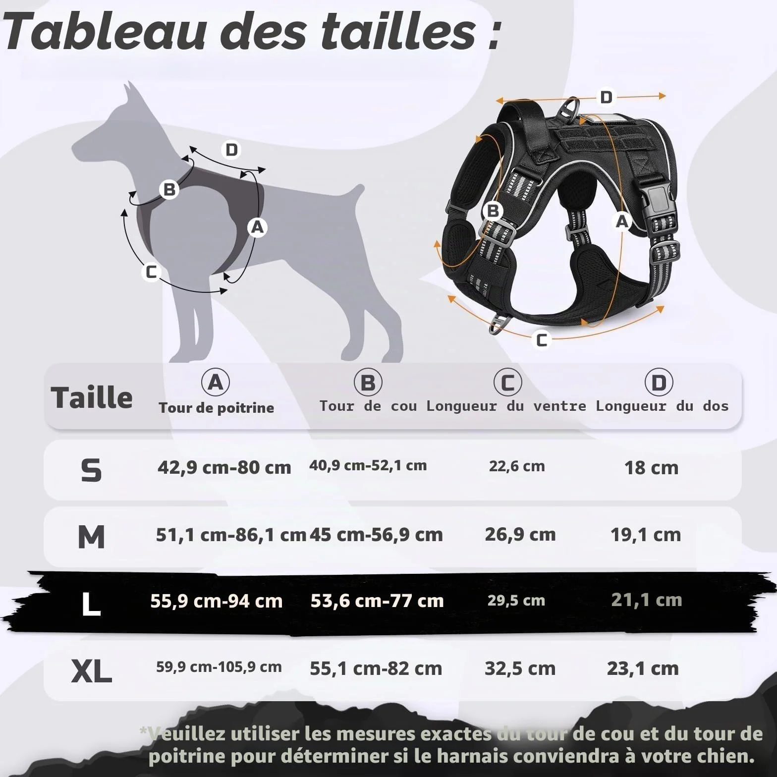 Rabbitgoo Harnais Chien Anti Traction Tactique Réfléchissant Réglable avec Poignée et Anneaux, Gilet Solide Facile à Mettre, Noir, L
