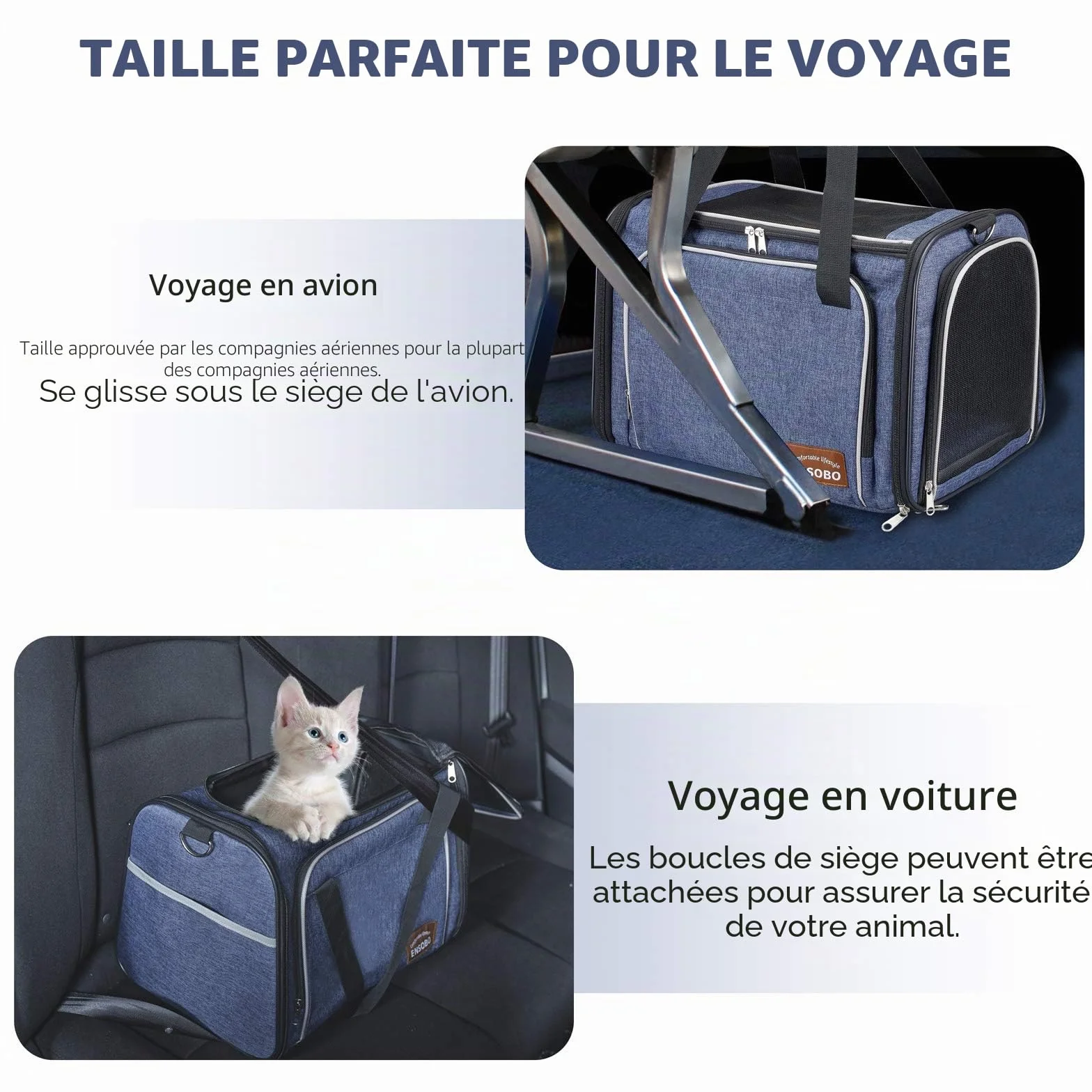 ENSOBO Sac Transport Chat Chien, Matériau Denim Résistant aux Rayures, Sac de Transport pour Animal de Compagnie avec Matelas Souple, Caisse Transport Respirant Confortable