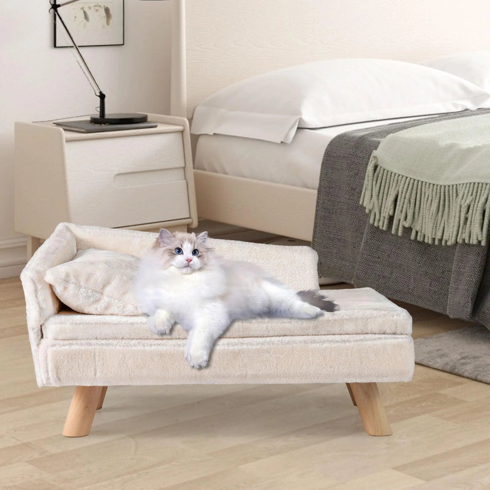 COSTWAY Canapé Lit pour Chien Chat 30/50 kg, Oreiller Coussin Amovibles, Pieds Bois, Panier Chien Chat Moyens Petits, Dossier Haut, Beige 71x43x40 cm