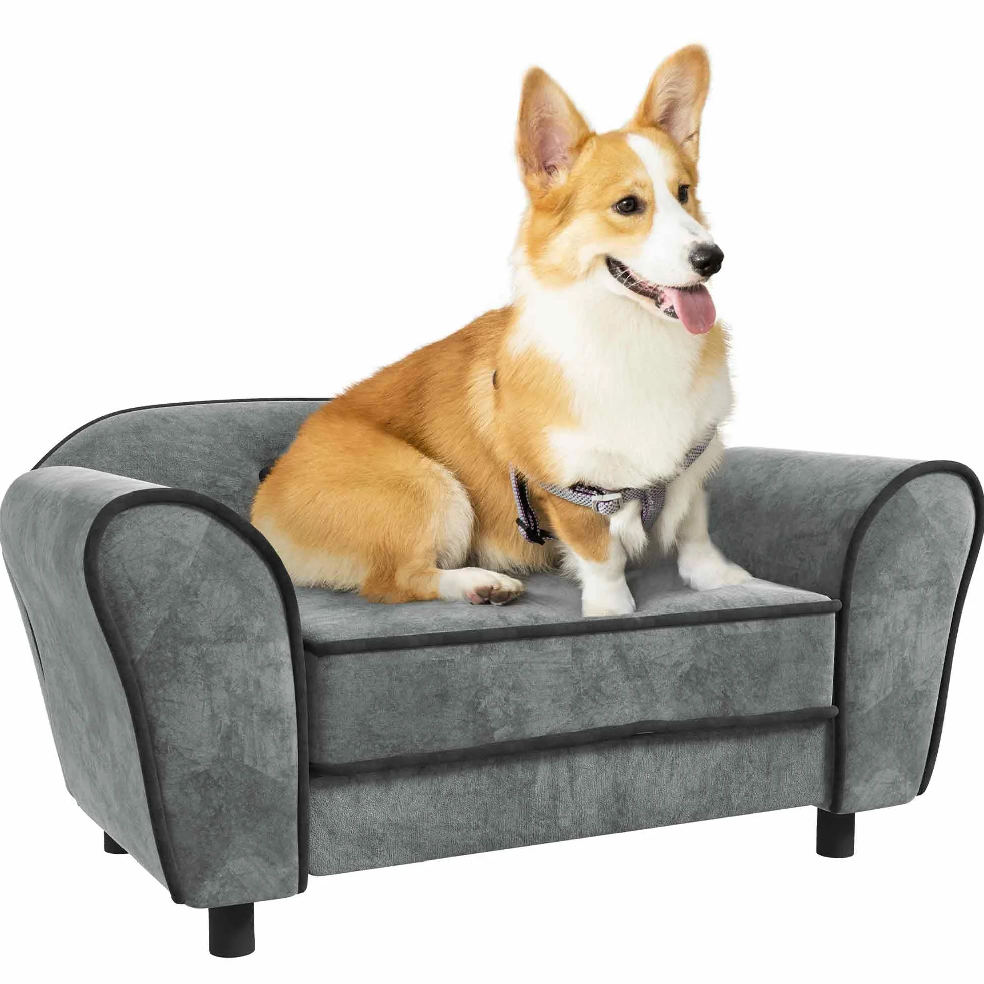 PawHut Canapé pour Chien Chat Dossier capitonné Velours Housse Lavable 74 x 41 x 32,5 cm Gris