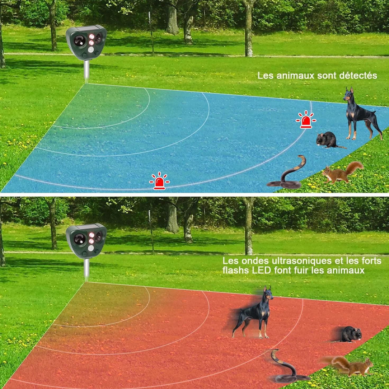 Repulsif Ultrason Chat Exterieur Etanche IP66 Rechargeable Solaire USB Anti Chat Chien Oiseaux Jardin