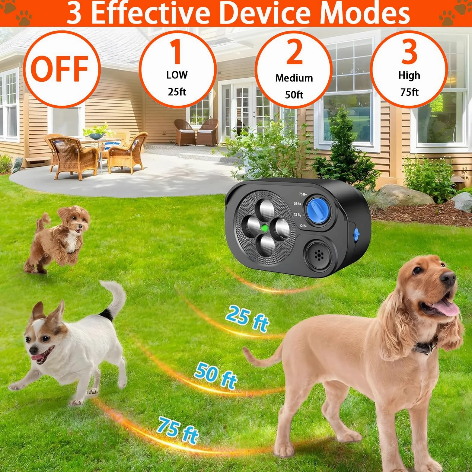 Anti-Aboiement pour Chien Automatique, Boitier Ultrason Anti Aboiement Chien 3 Portées, Boitier Chien de 75 Pieds, Sifflet Ultrasonique pour Chiens Intérieurs Extérieurs, IP65 Etanche, Noir