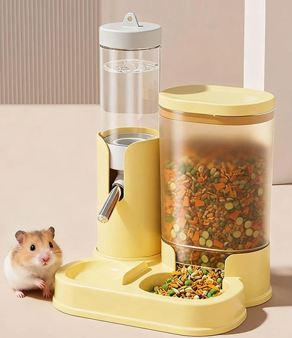 Gourde étanche pour hamster avec distributeur automatique de nourriture, transparent, buse en acier inoxydable, jaune