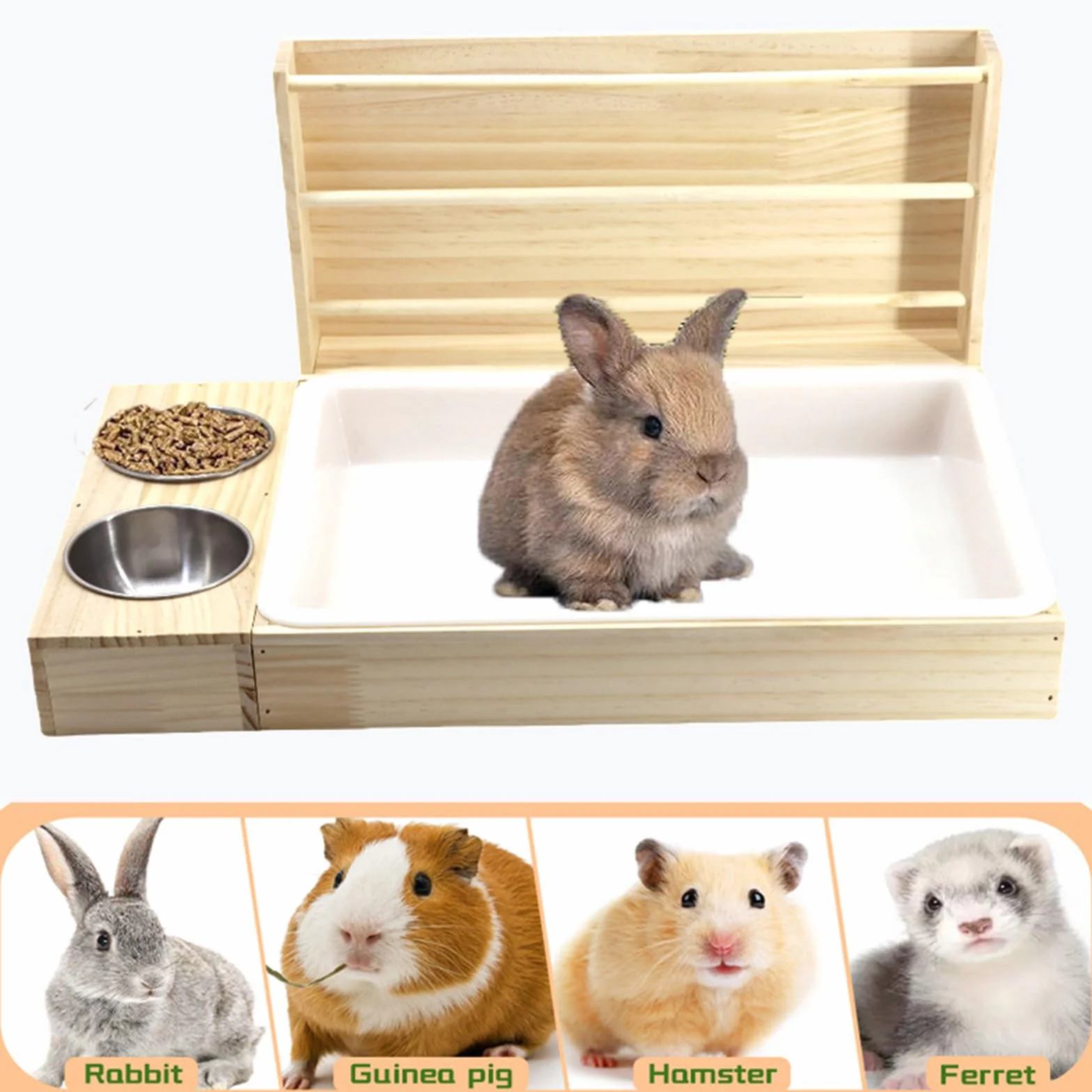 Râtelier à Foin en Bois 3 en 1 pour Lapin, Mangeoire avec Bols, Accessoire Cage