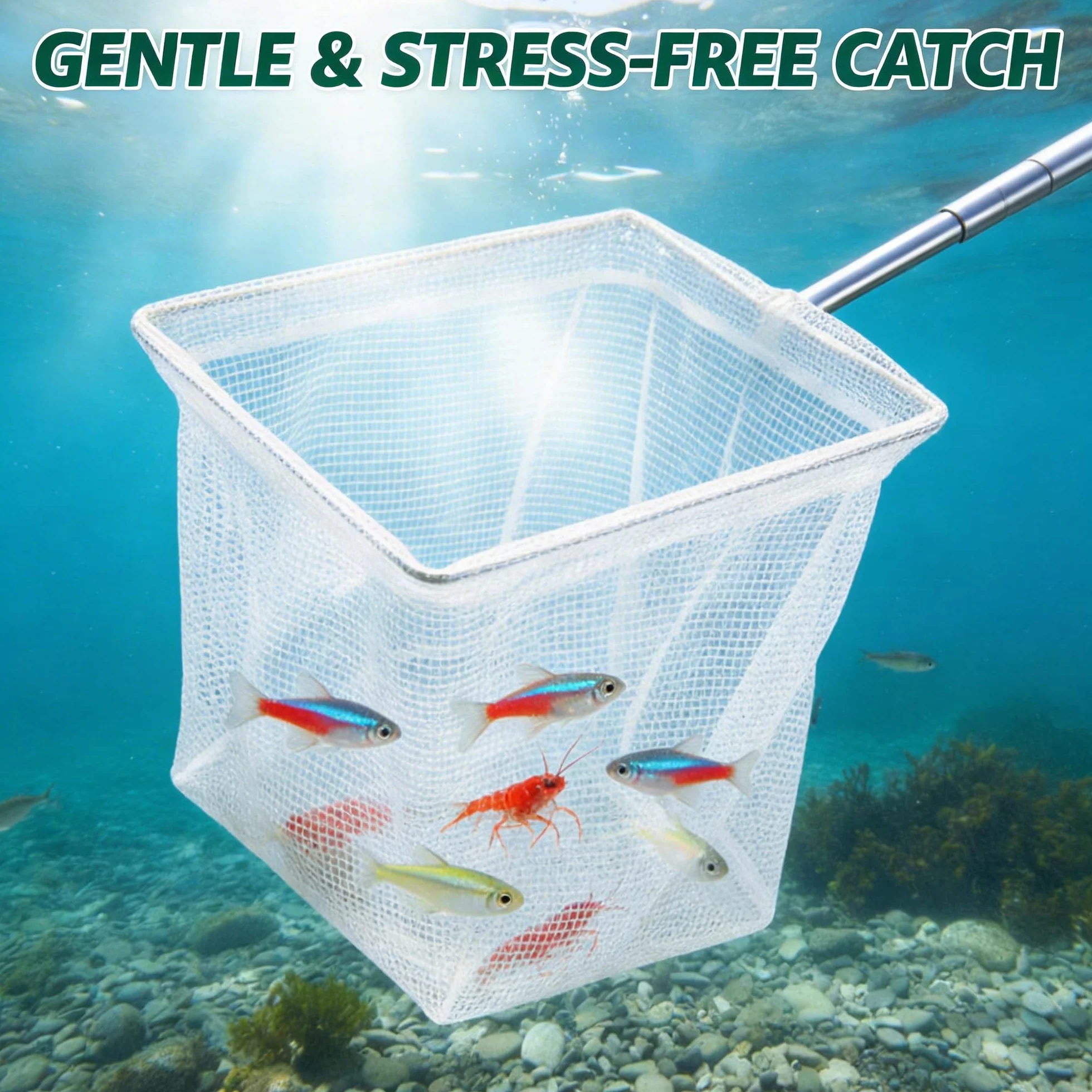 Paquet de 2 Filets de Pêche Extensibles pour Aquarium, Cadre Carré Blanc, Manche en Acier Inoxydable Réglable 13,5cm-39cm