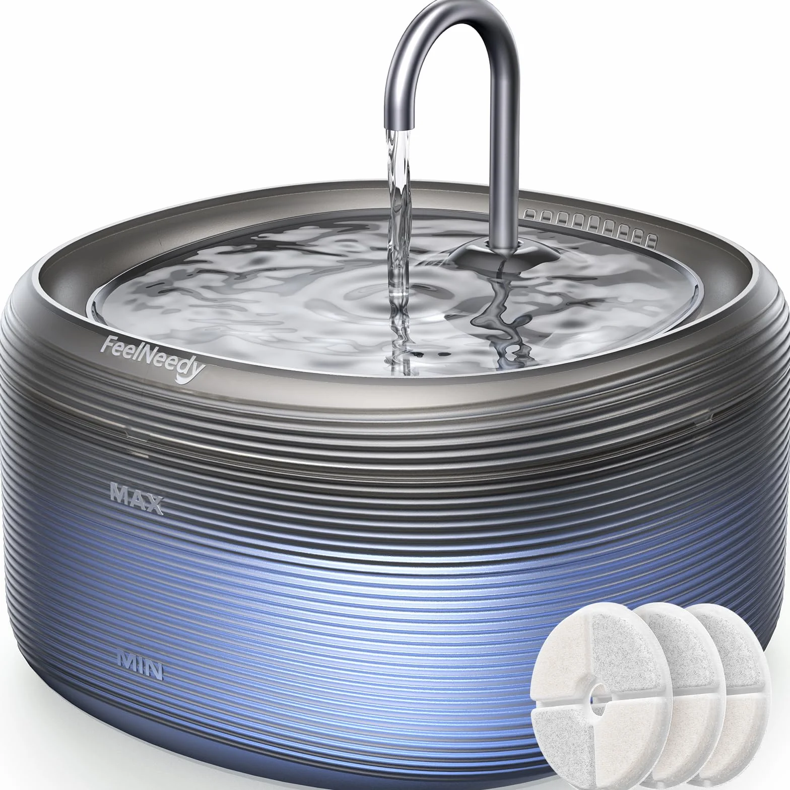 Fontaine à Eau pour Chat FEELNEEDY 3,2L Ronde avec Robinet Silencieux LED 2 Débits Bac 210 ML 3 Filtres