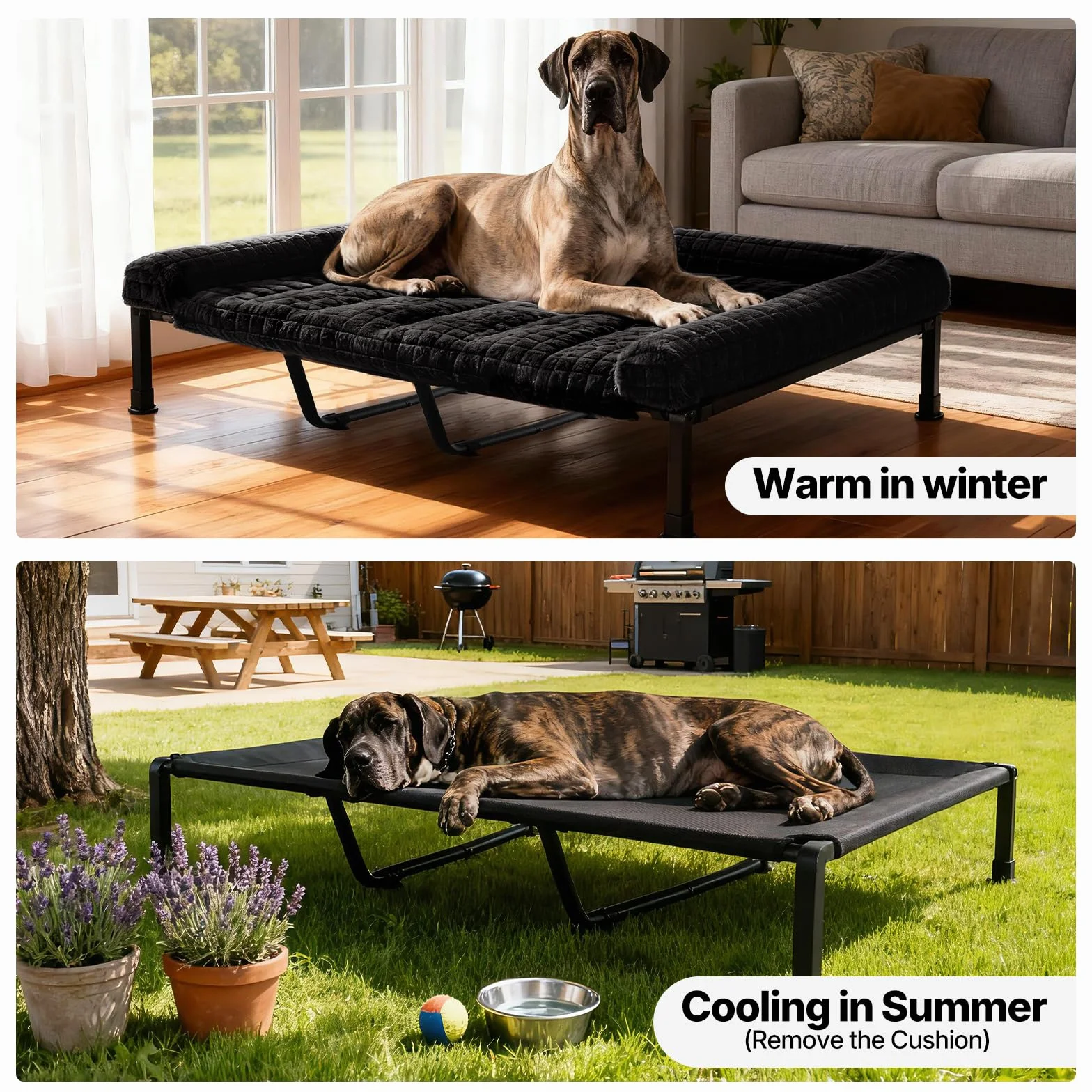 Veehoo Lit Chien Sureleve XXL Dehoussable Lavable, Moelleux Transat Chien avec Coussin Amovible, Lit Ccanapés Surélevé pour Chiens avec Pieds Antidérapants, Noir 150 x 94 x 20 cm