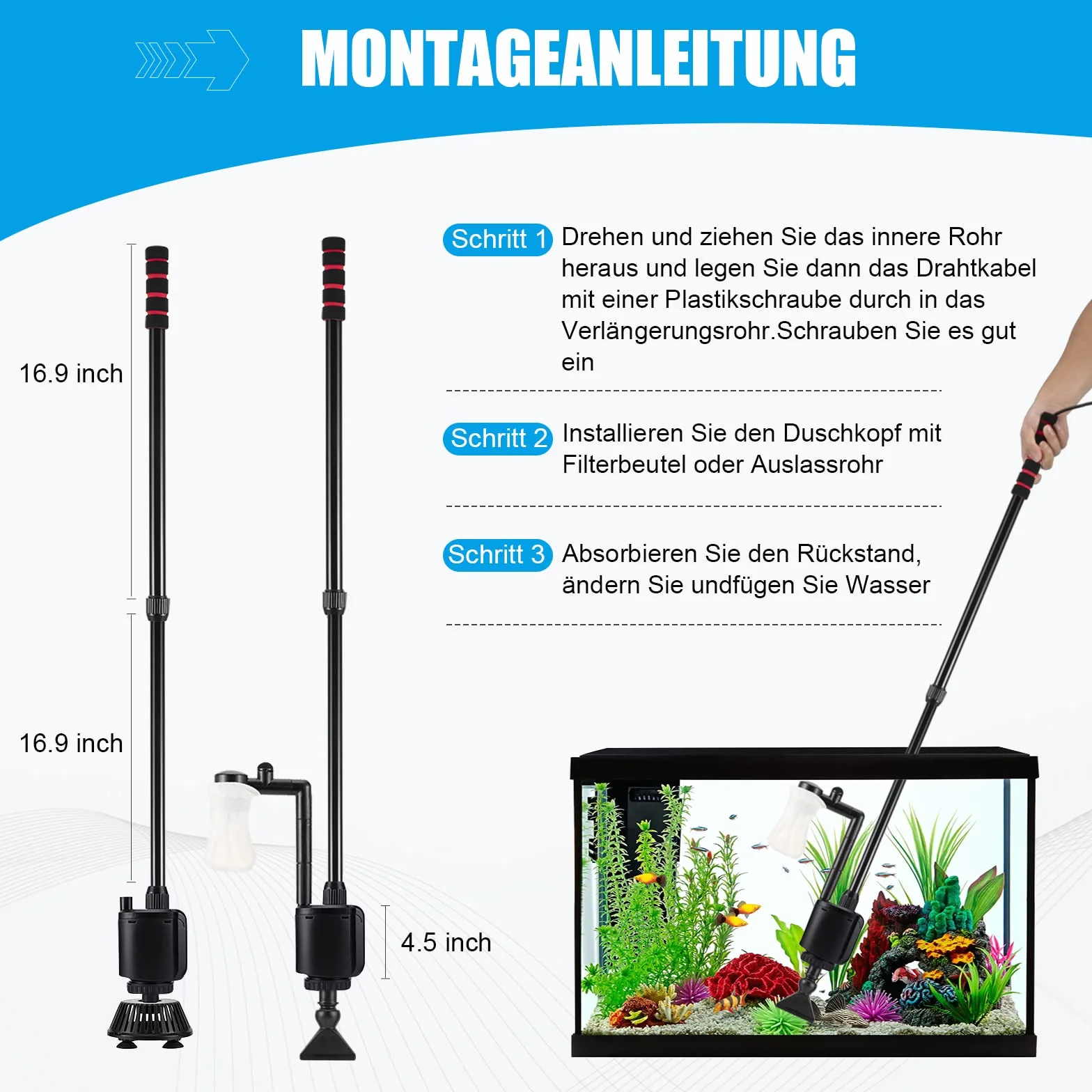 AQQA Nettoyeur électrique pour Aquarium,6en1Aspirateur Automatique pour Aquarium,Aspirateur de Gravier Électrique,Changeur d'eau Laveur